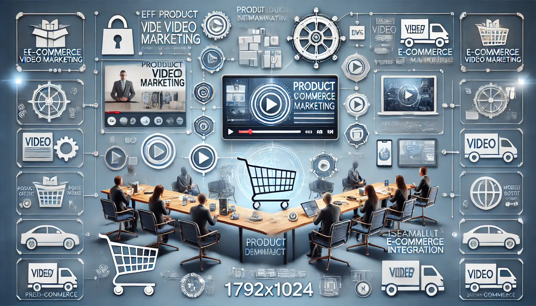 A digital scene with product demonstrations, shopping cart icons, and call-to-action buttons, representing strategies for e-commerce video marketing.