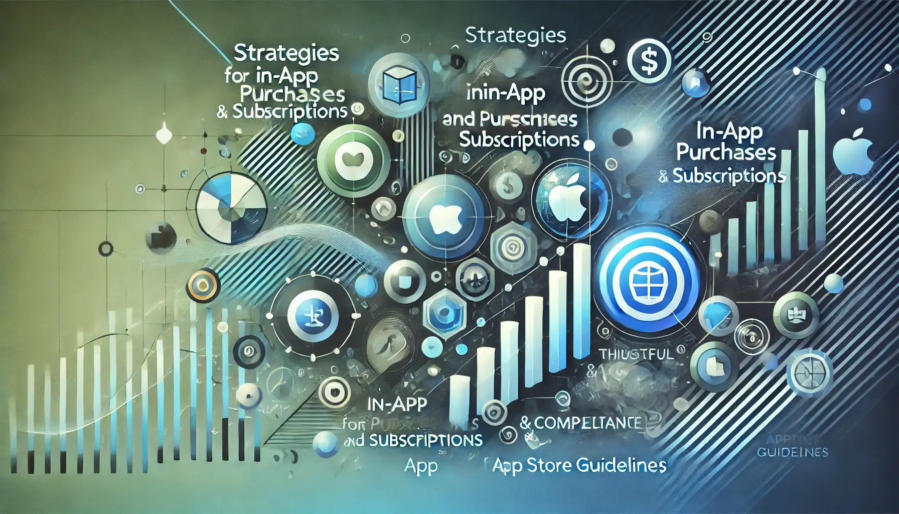 Abstract representation of strategies for in-app purchases and subscriptions, featuring symbols of planning, growth, and compliance.