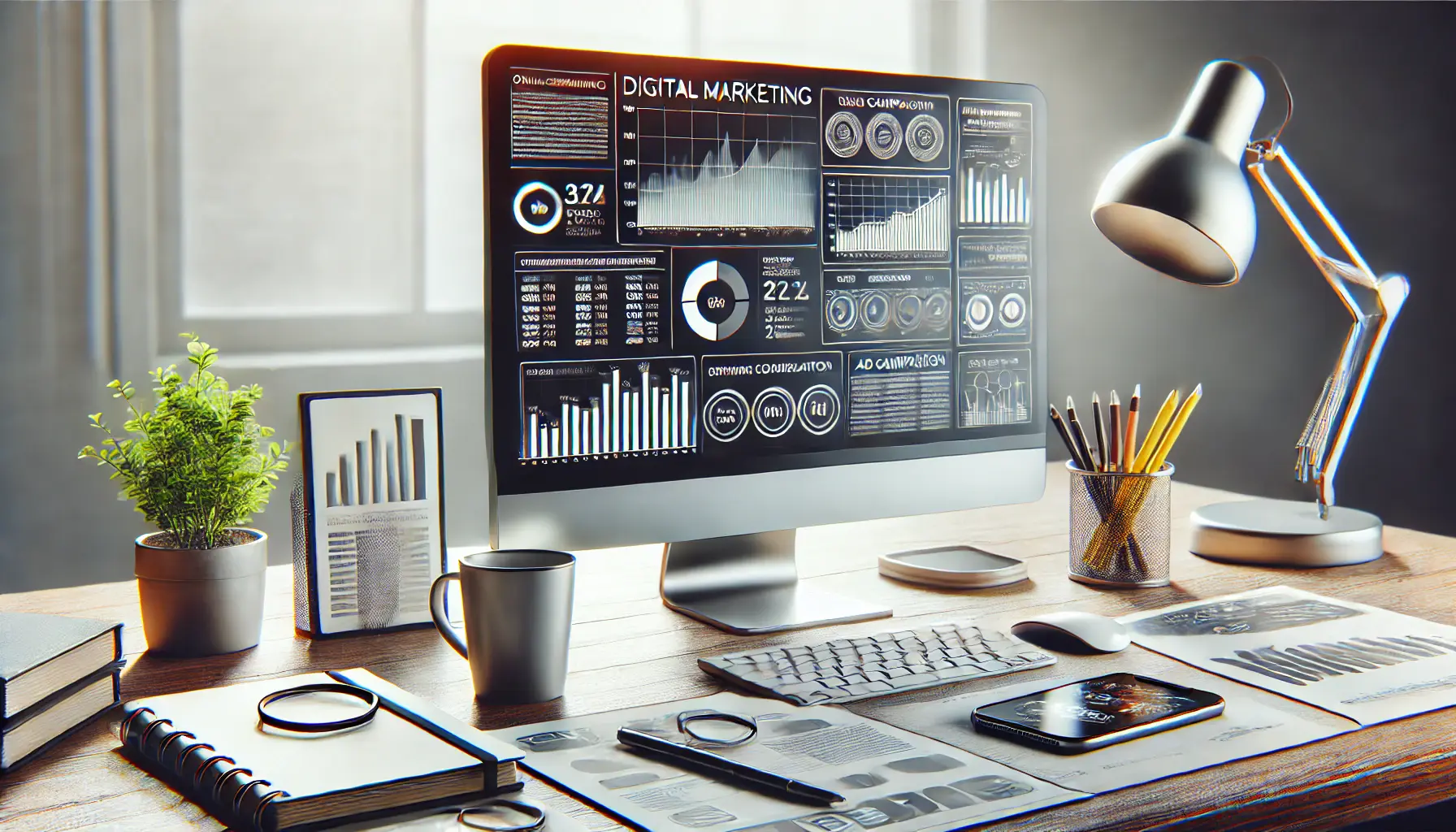 A modern digital marketing workspace showing a desktop with graphs and charts, smartphone, coffee cup, and notepads, symbolizing ad campaign consolidation.