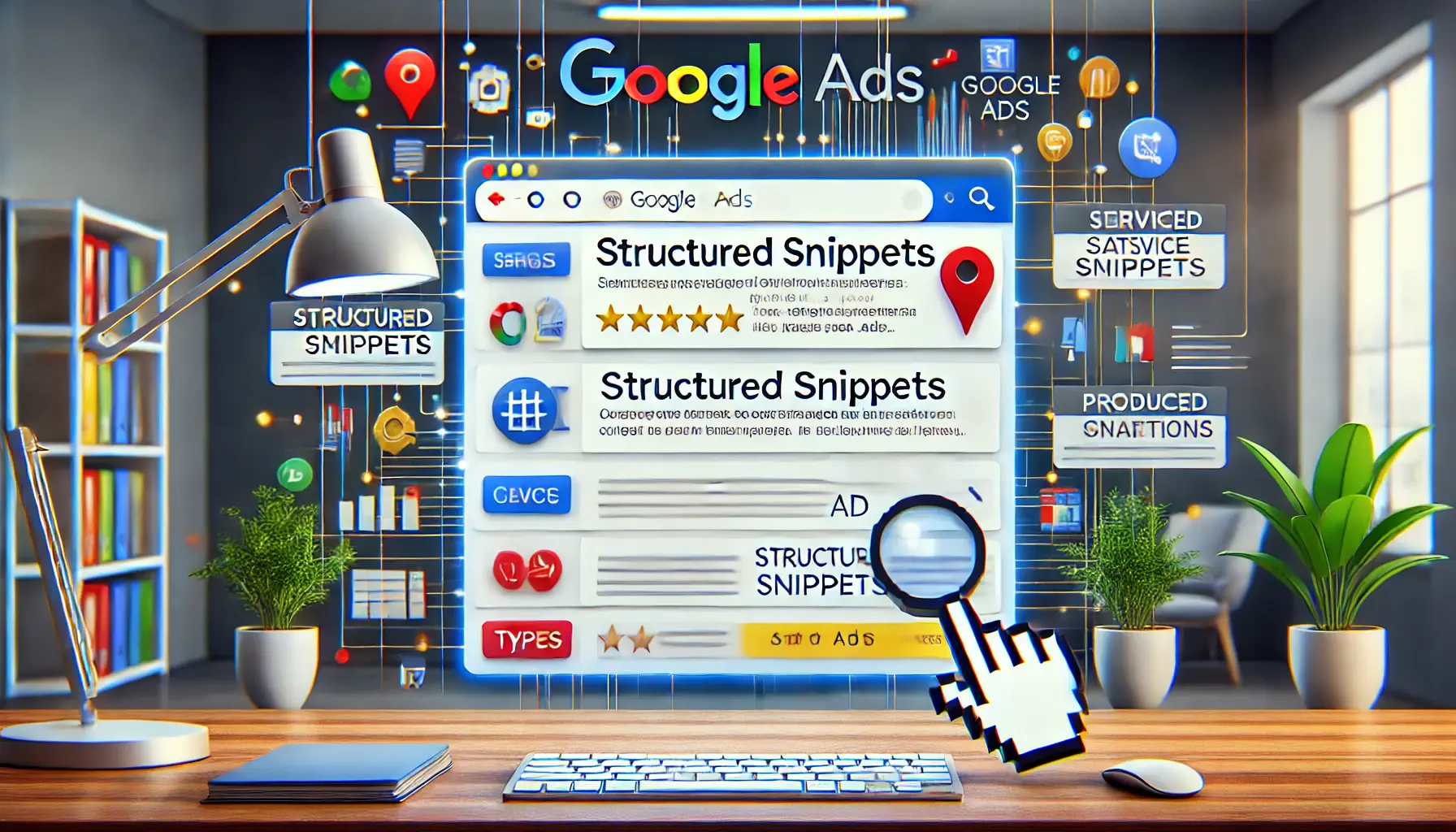 An illustration of structured snippets in Google Ads showcasing organized ad information.