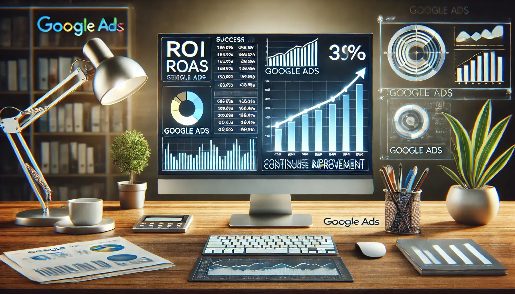   "alt": "A digital marketing workspace displaying performance metrics such as ROI, ROAS, and conversion rates, with charts showing continuous improvement in Google Ads campaign performance.