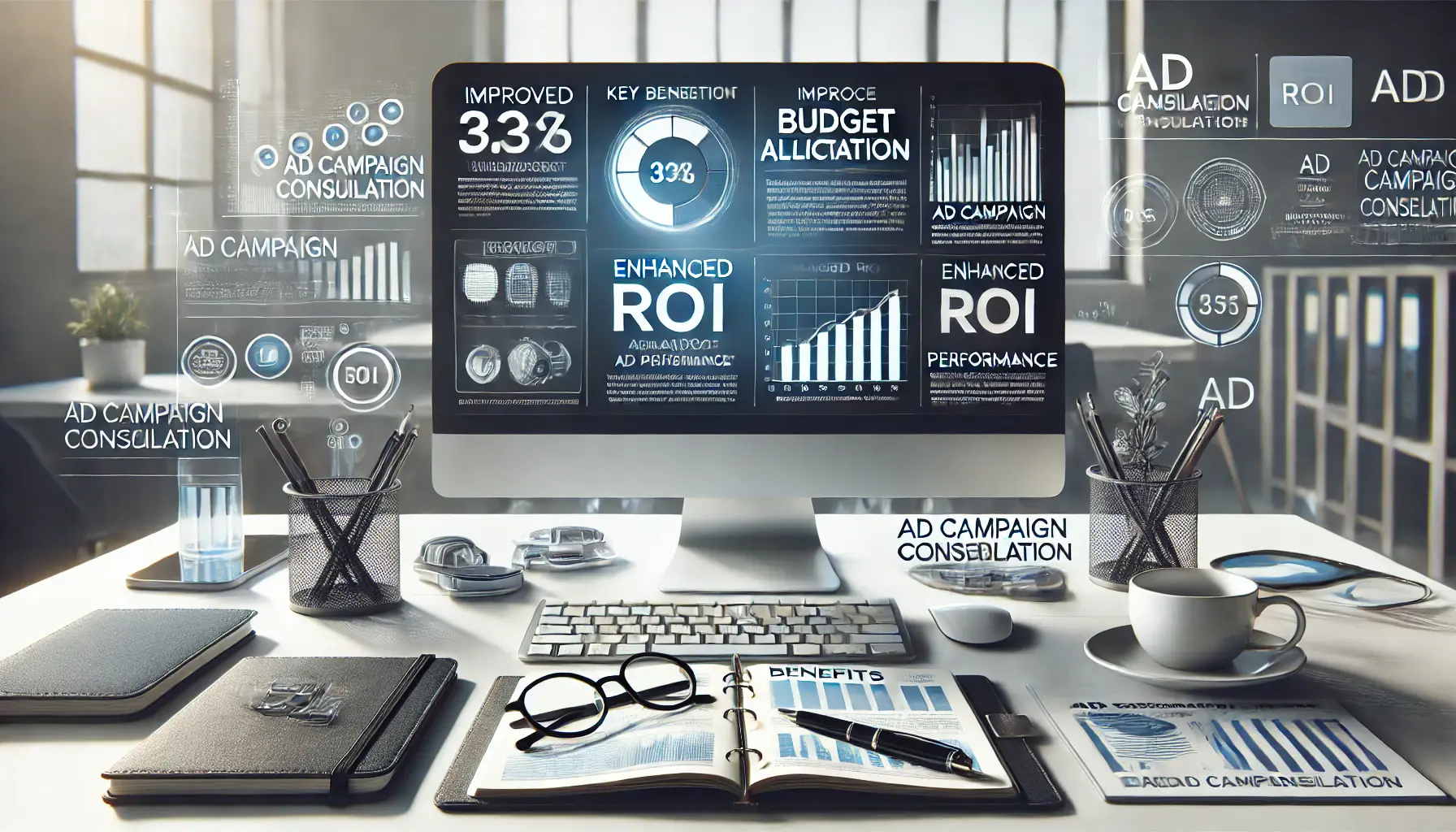 A digital marketing workspace with a computer displaying a performance summary of key benefits, such as improved budget allocation, enhanced ROI, and better ad performance.