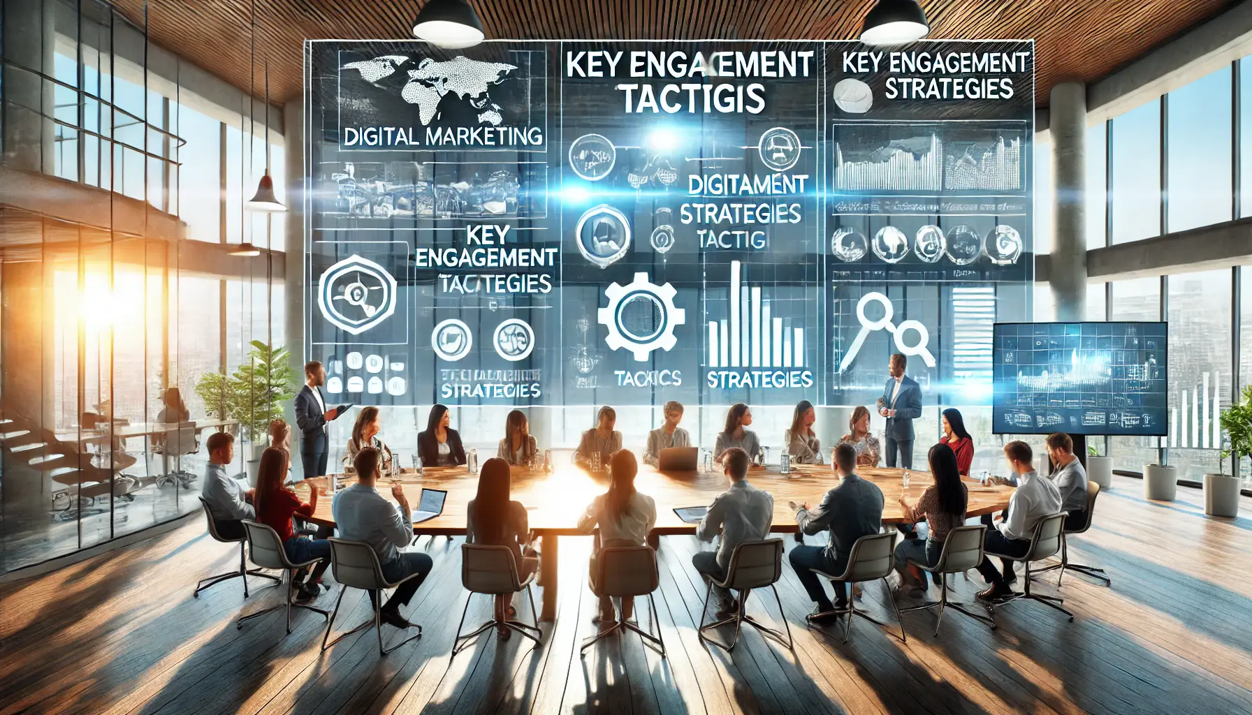 Digital marketing team discussing key engagement tactics with a large screen displaying graphs and strategies in a modern office.