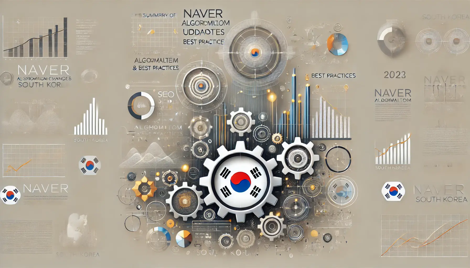 An abstract representation of Naver algorithm updates and best practices, featuring elements like data analytics, gears, and a subtle map of South Korea.