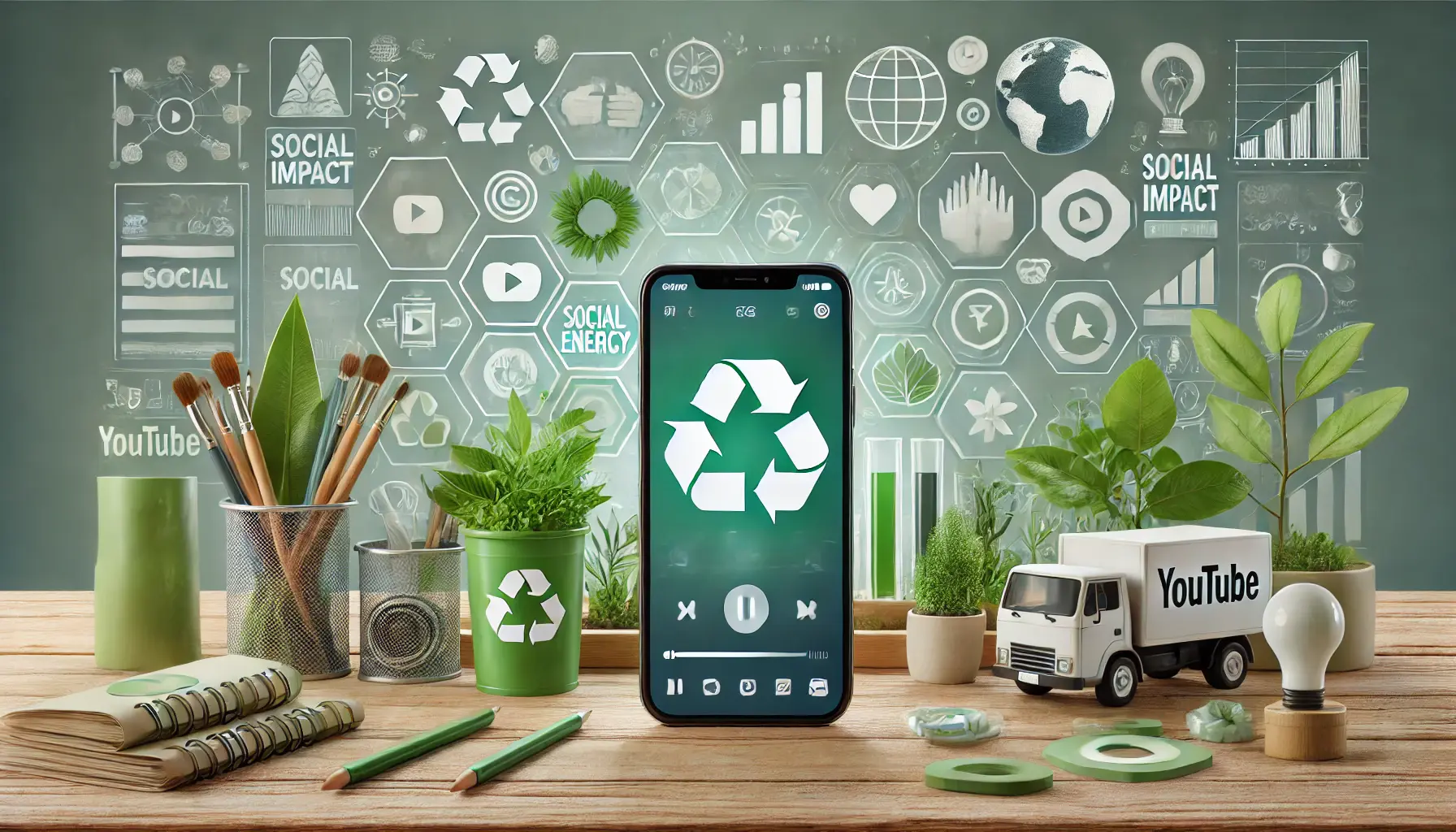 Smartphone displaying an environmental awareness video with eco-friendly icons like recycling and green energy