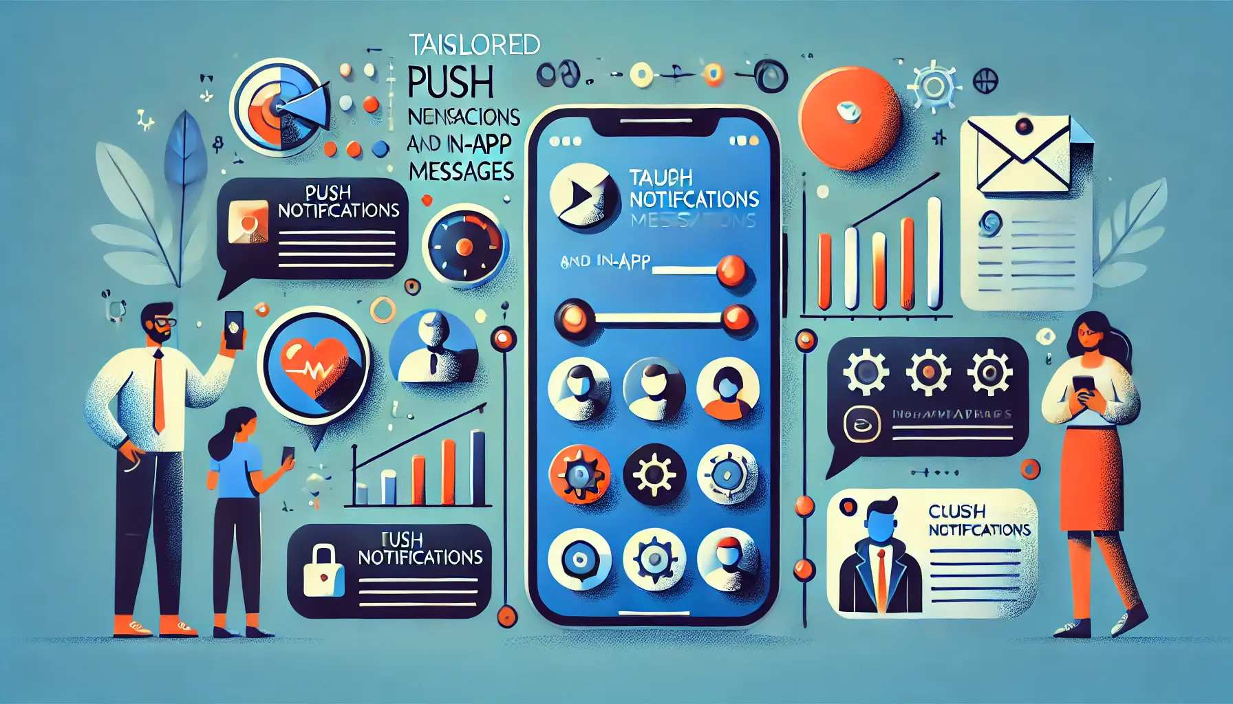 Image illustrating the concept of customizing push notifications and in-app messages, featuring a mobile app screen with notification pop-ups, demographic icons, and symbols of personalization like sliders or settings.