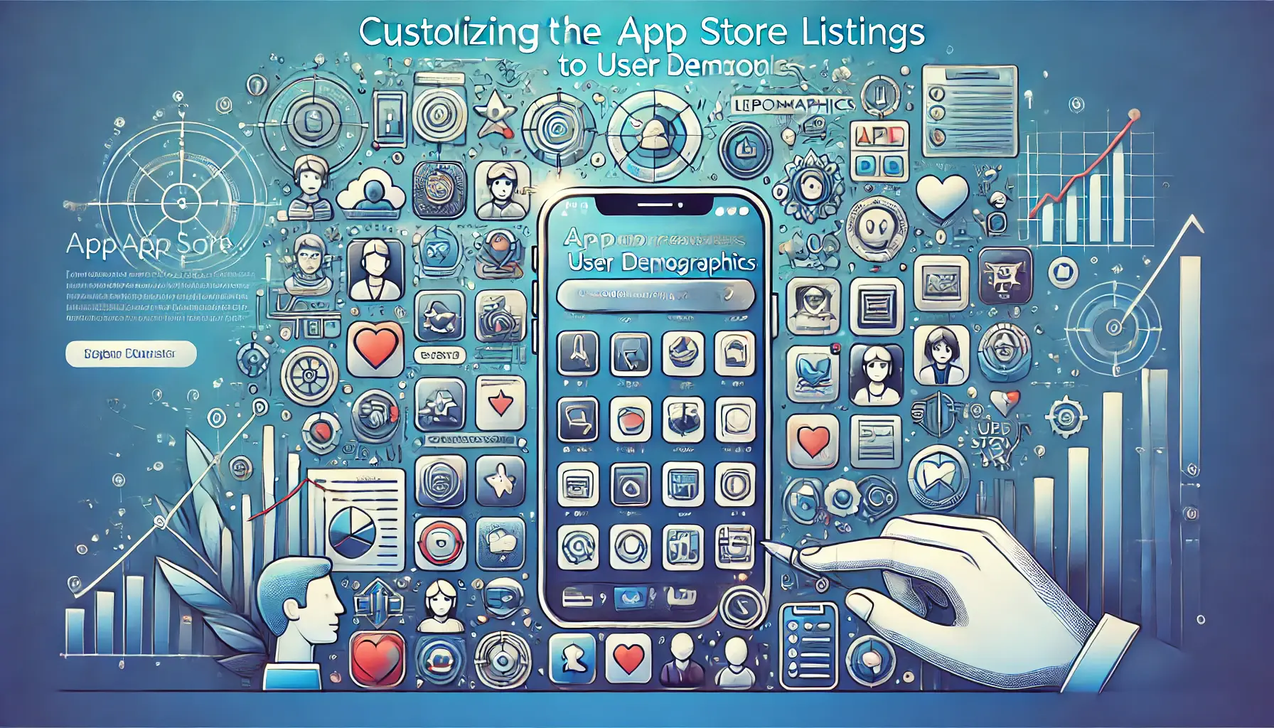 Image illustrating the customization of app store listings to appeal to specific user demographics, featuring a mobile app store interface, diverse demographic icons, and design elements like app icons and user preference graphs.