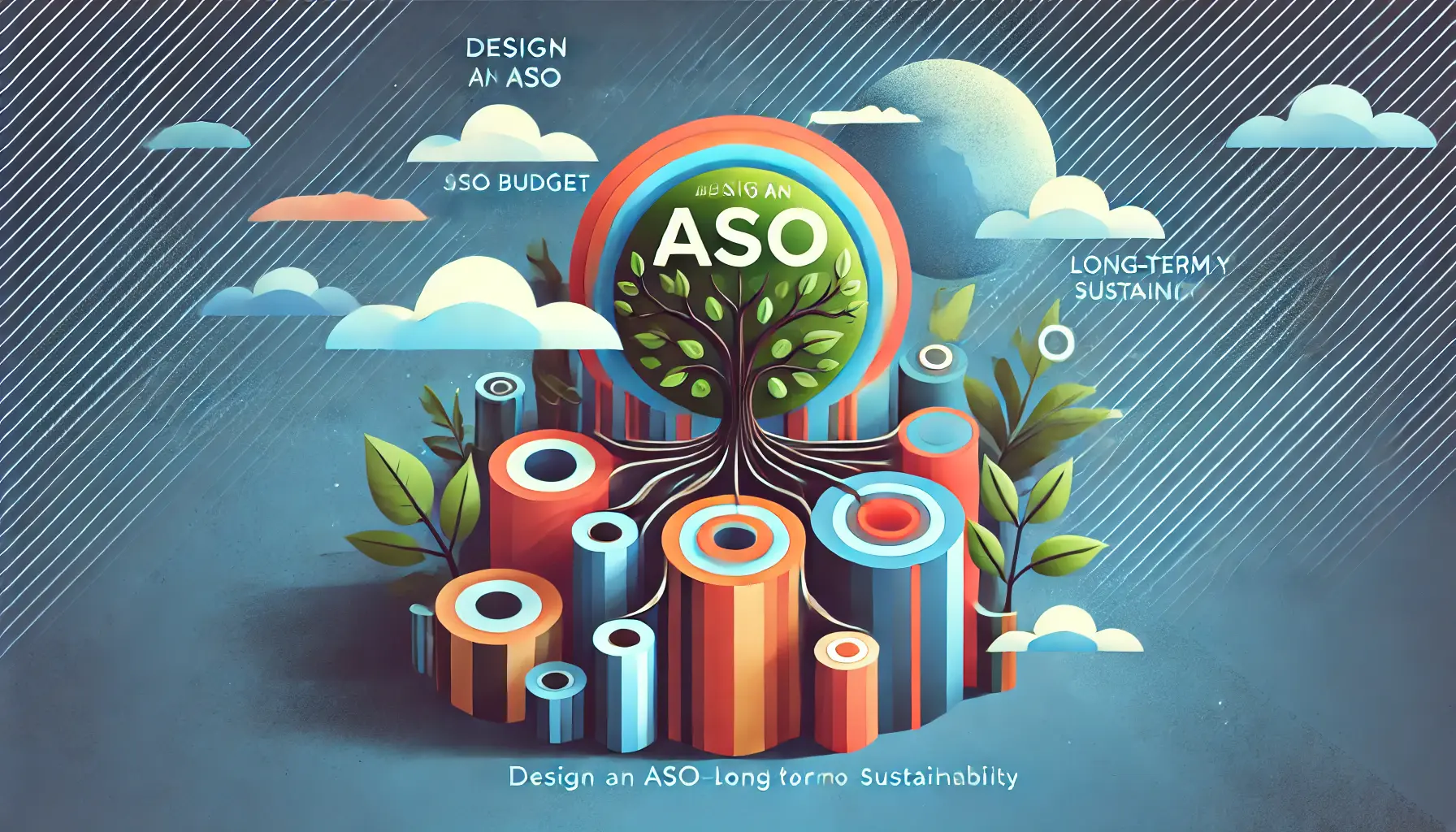 Abstract image symbolizing long-term sustainability in ASO budgeting with visuals of a tree with deep roots, a continuous loop, and layers representing a solid foundation.