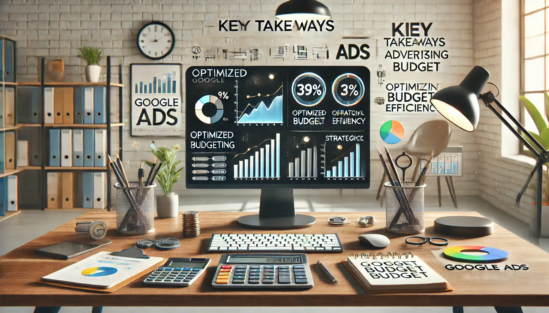 A modern office workspace displaying optimized budgeting strategies and performance metrics for Google Ads.