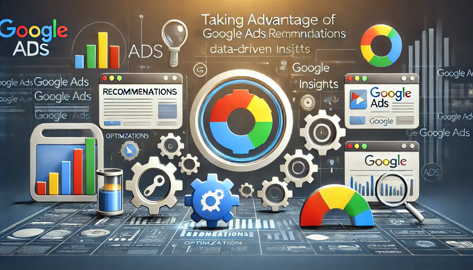 Image illustrating Google Ads recommendations with icons for optimization gears and data-driven insights.