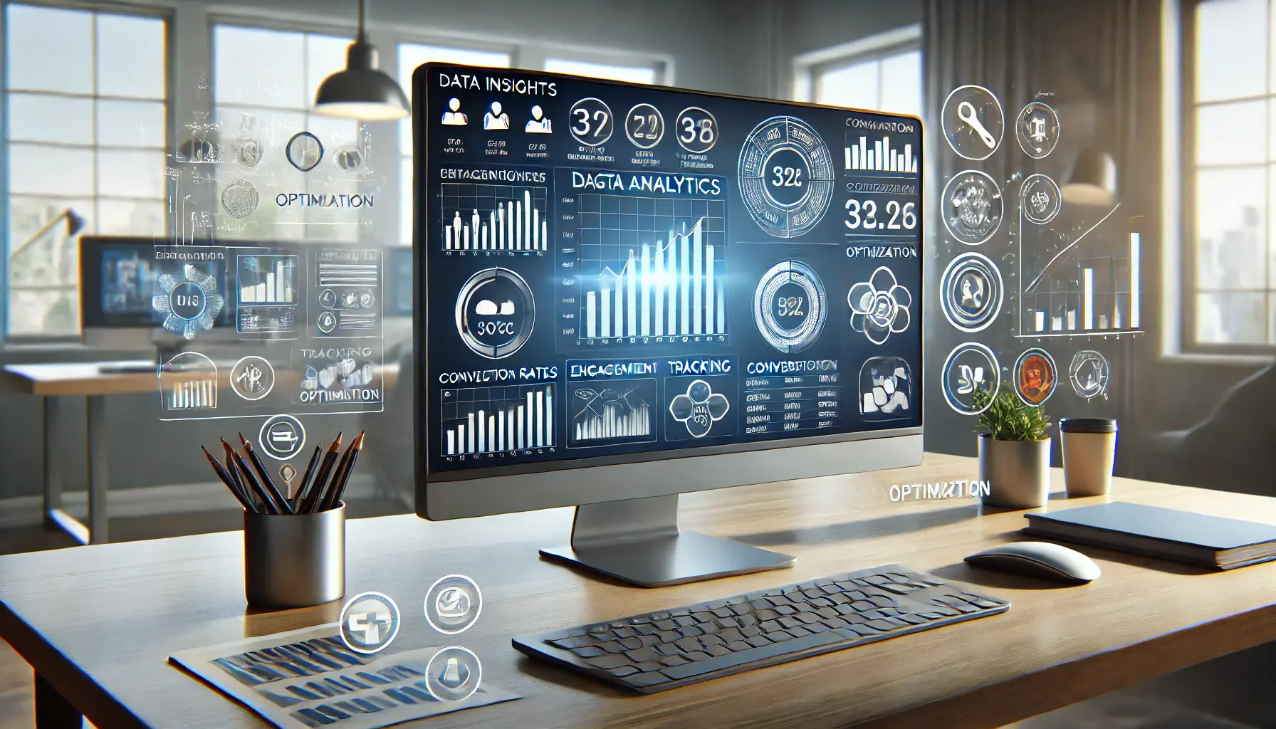 Workspace with a large computer monitor displaying data analytics dashboards with metrics like engagement and conversion rates, surrounded by icons representing data insights and optimization.