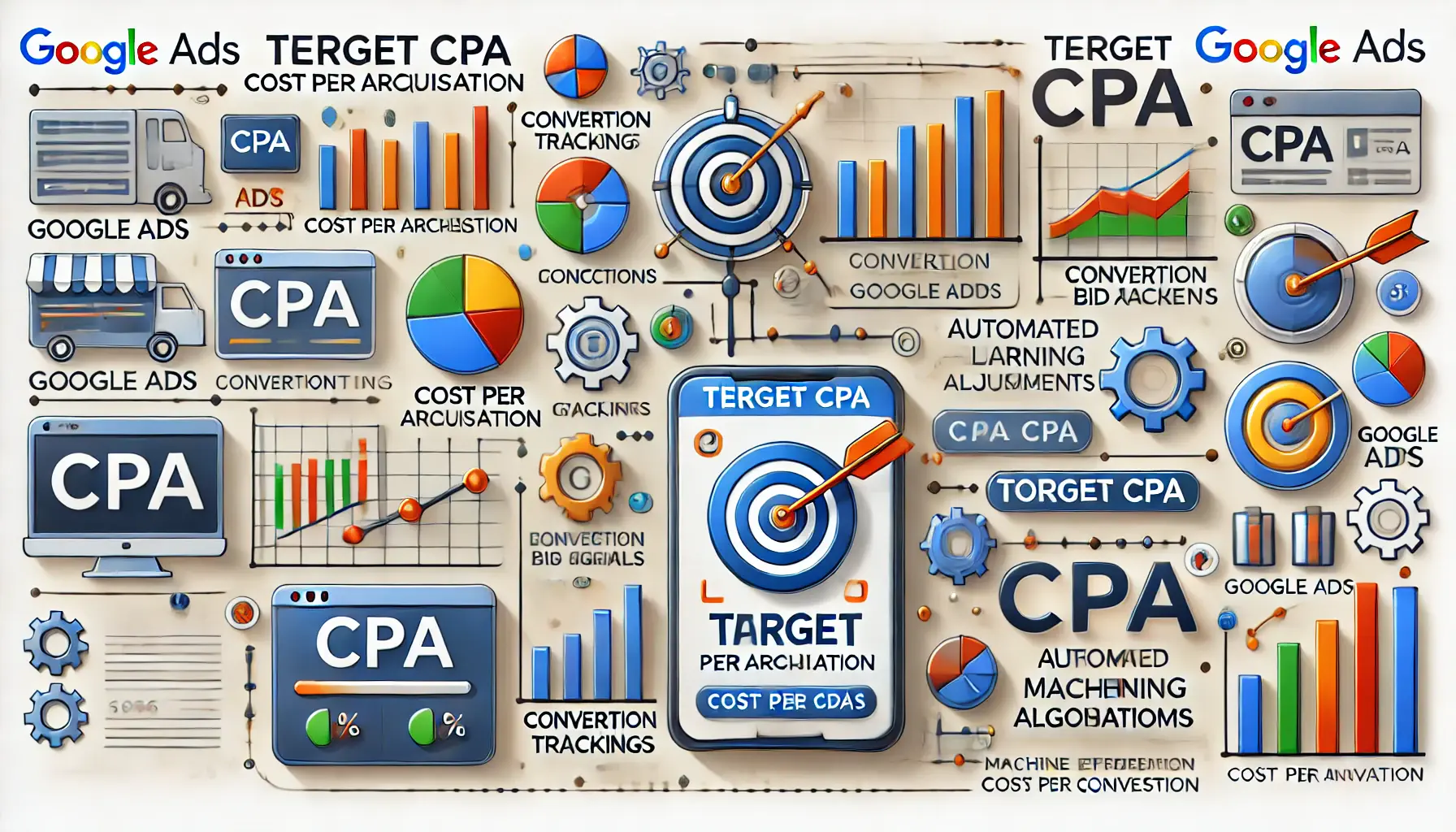 Illustration of Target CPA (Cost Per Acquisition) in Google Ads showing data analytics and conversion tracking.