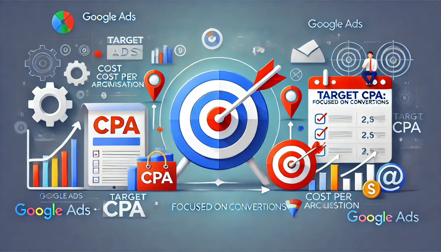 Visual representation of the Target CPA strategy focusing on conversions, with a target symbol, arrows representing successful conversions, and cost efficiency metrics.