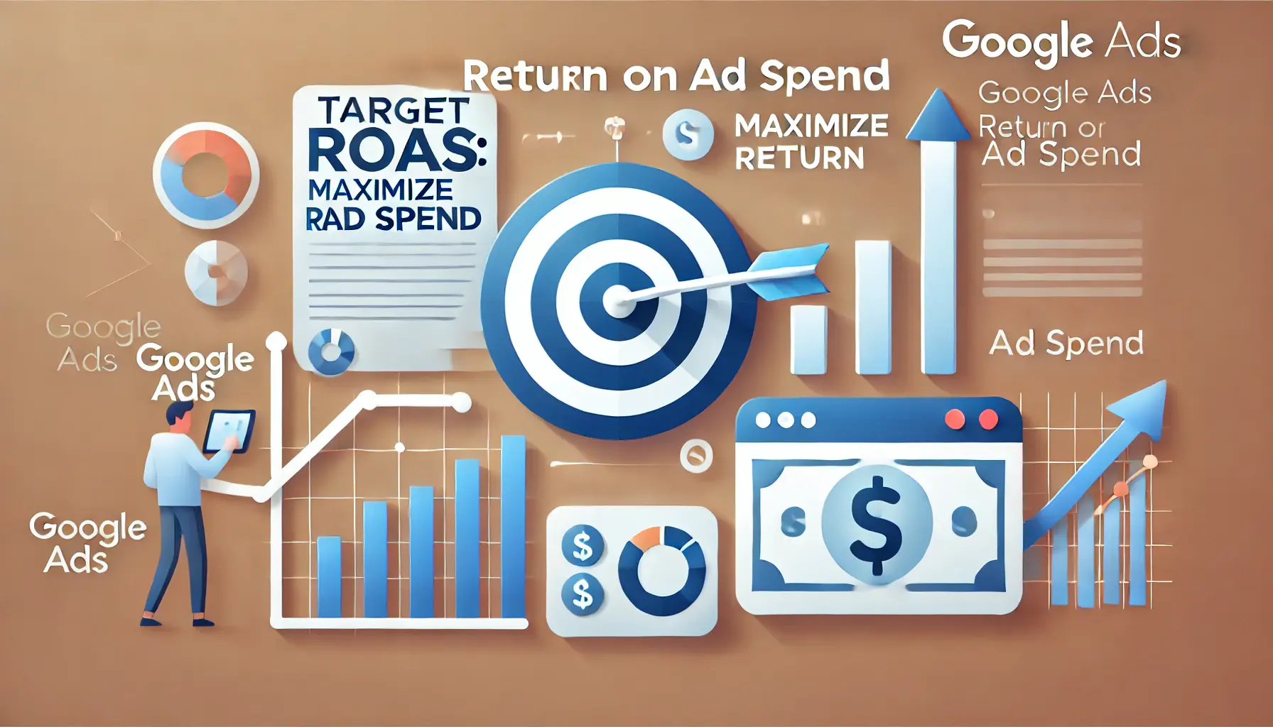 Visual representation of maximizing return on ad spend, featuring a target, upward trending graphs, dollar symbols, and arrows indicating increased returns.