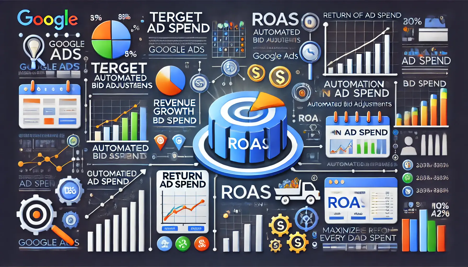 Illustration of Target ROAS in Google Ads showing revenue growth and optimization of ad spend.