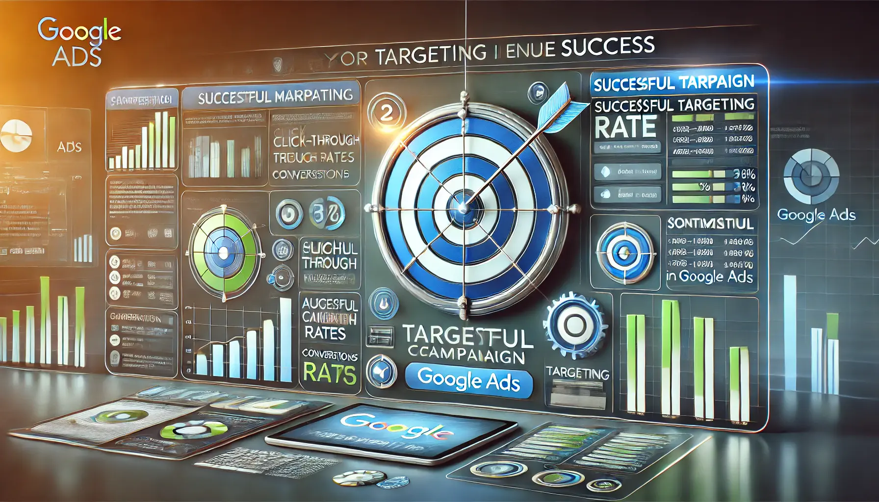 A professional image illustrating the process of targeting a campaign for success in Google Ads, with performance metrics and precise targeting icons.