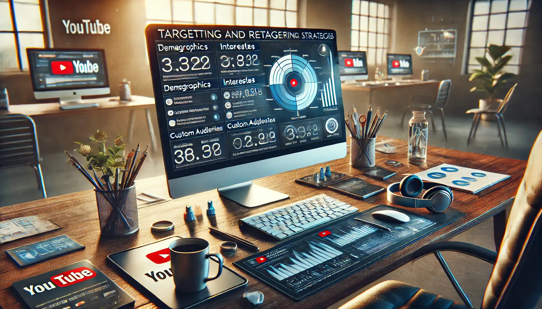 Marketer analyzing targeting and retargeting strategies for YouTube ads with audience segmentation on the screen.