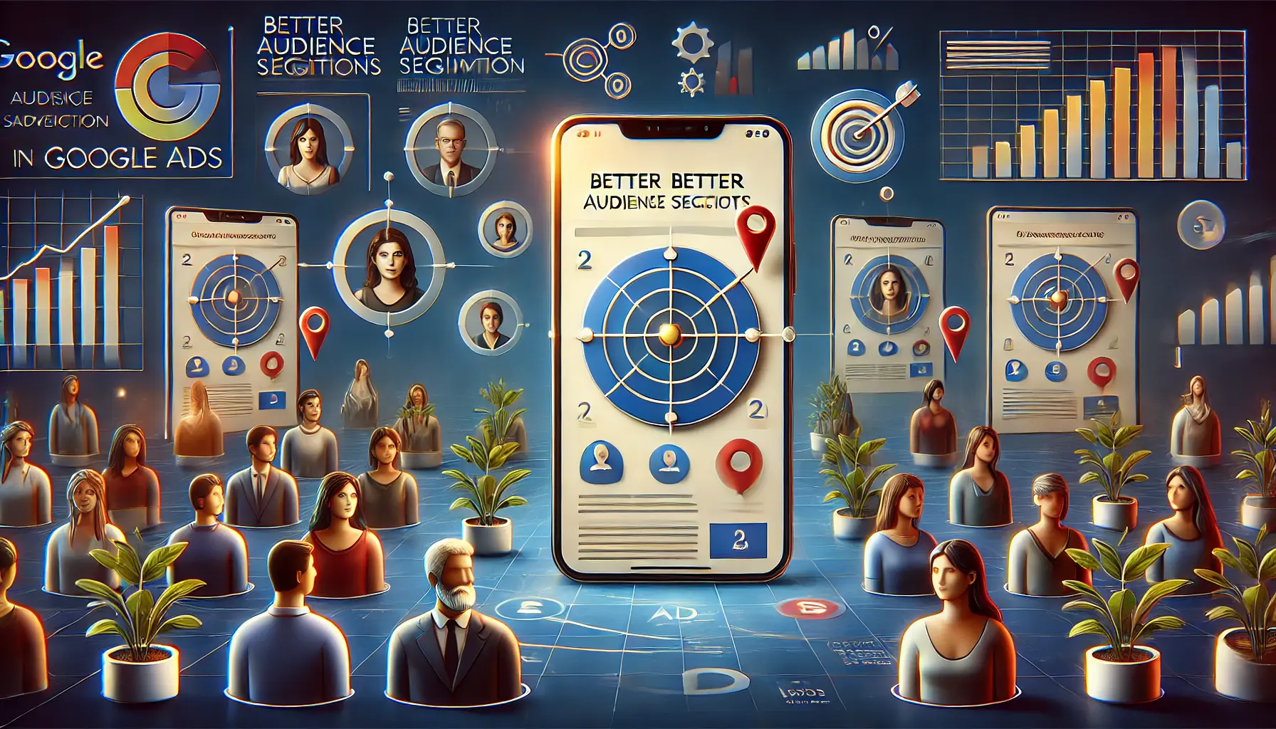 A realistic illustration focused on targeting audience segments in Google Ads, featuring a search engine results page (SERP) with ads tailored to specific audience profiles.