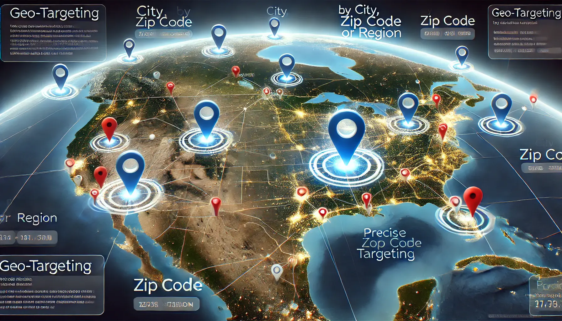 A digital map with highlighted cities, zip codes, and regions for precise geographic targeting in digital marketing