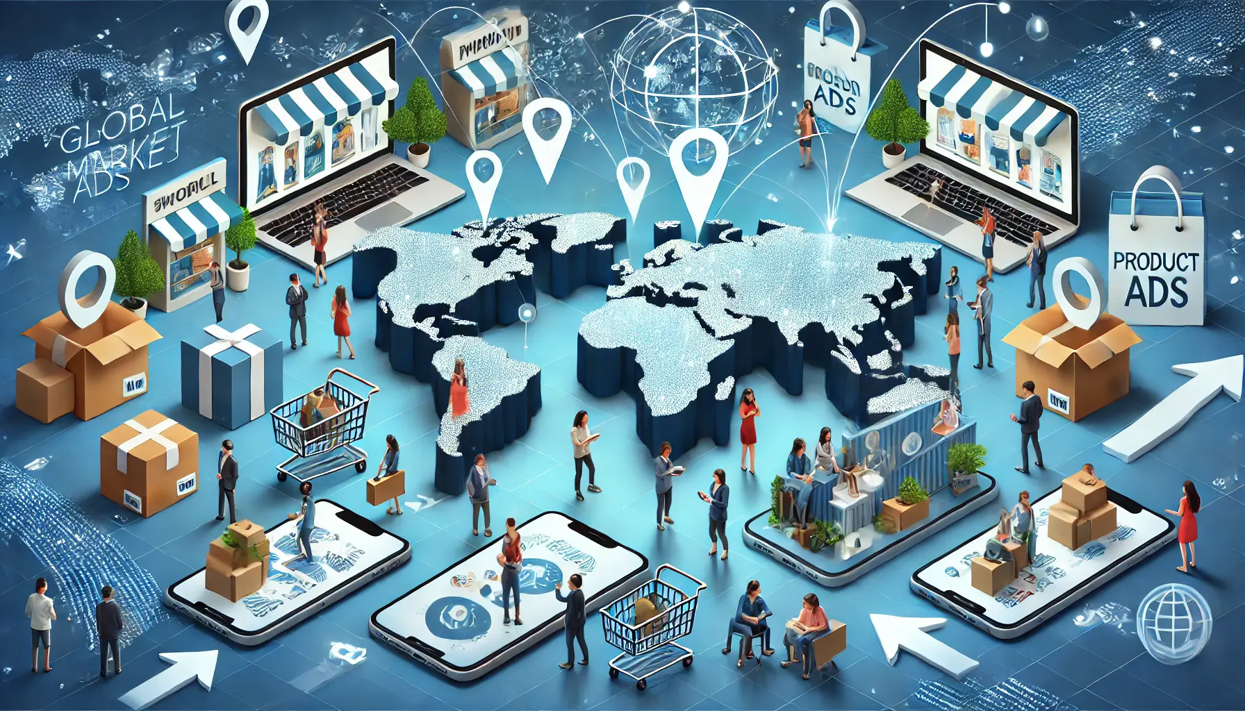 An image representing global market expansion with Shopping Ads, featuring product ads on devices like smartphones and laptops, and a world map with arrows pointing to different regions.