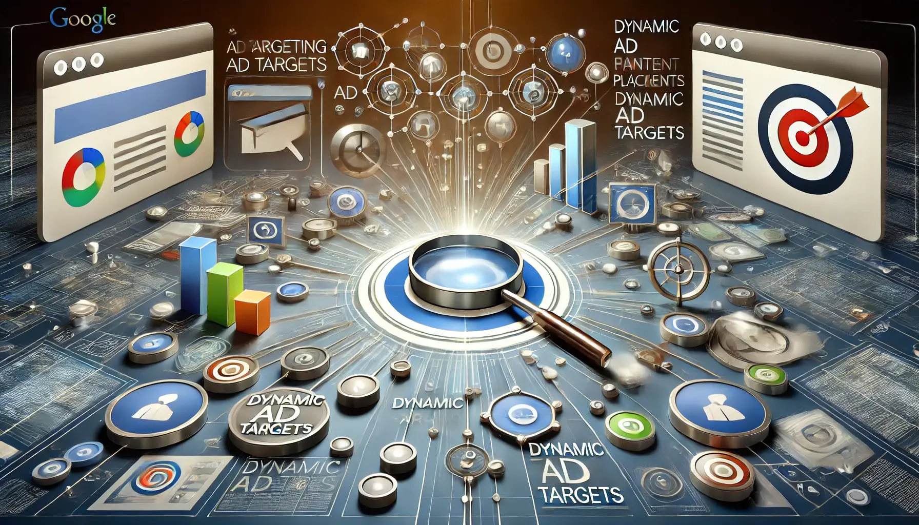 Abstract representation of targeting options and dynamic ad targeting in Google Ads