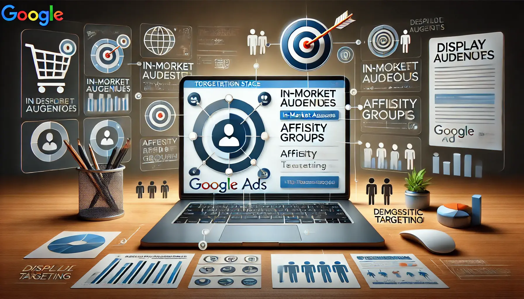 Digital marketing scene with a laptop displaying Google Ads targeting options like in-market audiences, affinity groups, and demographic targeting, surrounded by visual icons of user behavior and interests.