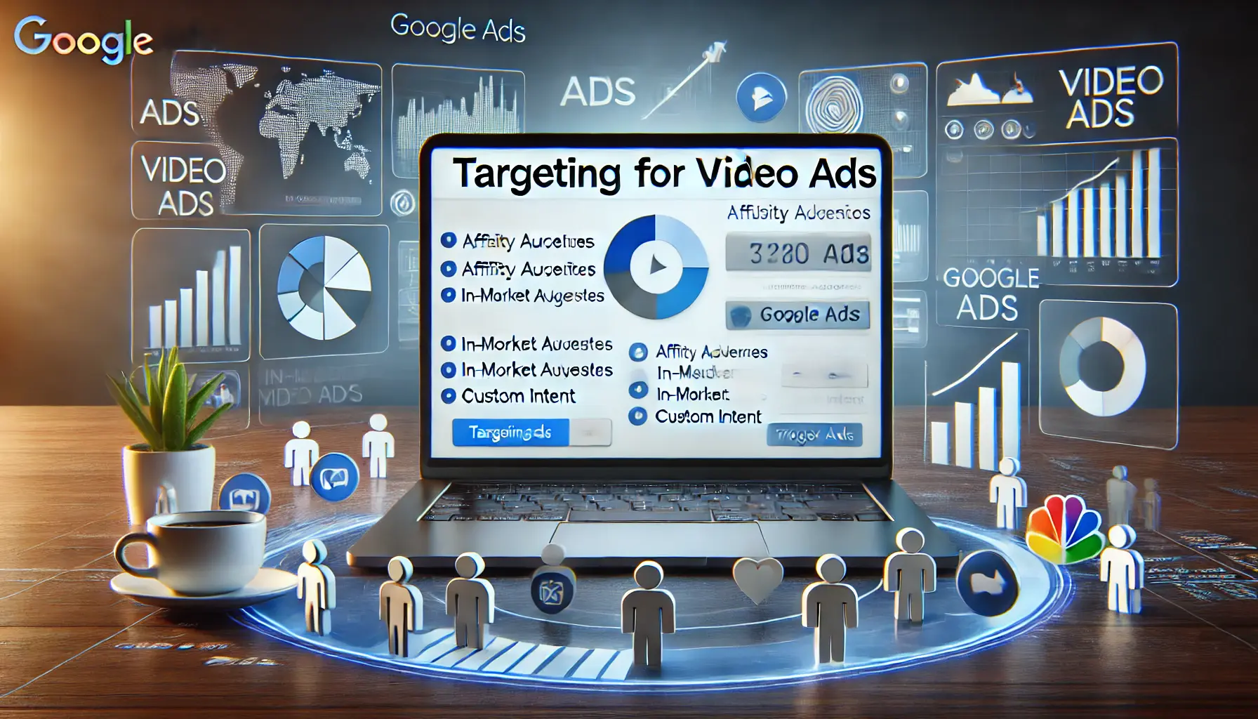 Digital marketing scene with a laptop displaying a Google Ads dashboard, focused on targeting options like affinity audiences and in-market audiences, surrounded by icons representing user behavior and interests.