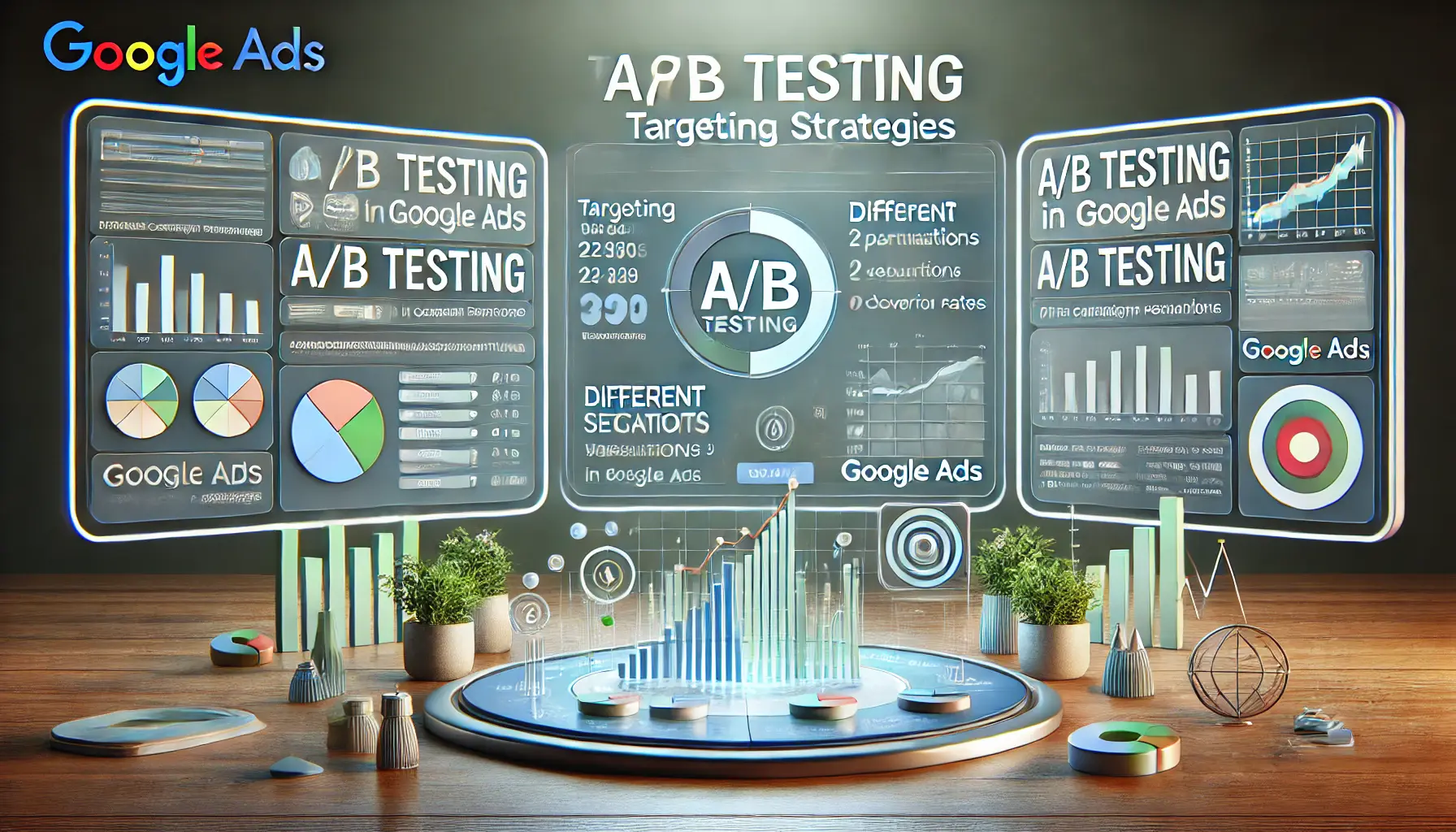 A professional image illustrating targeting strategies A/B testing in Google Ads, with graphs comparing two campaign versions and performance metrics.