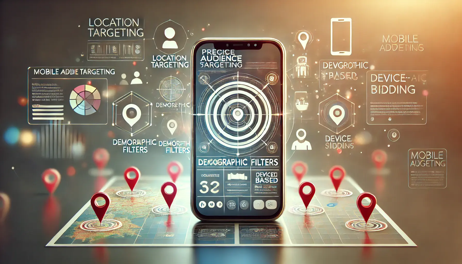 Smartphone showing mobile audience targeting options such as location-based targeting, demographic filters, and device-based bidding