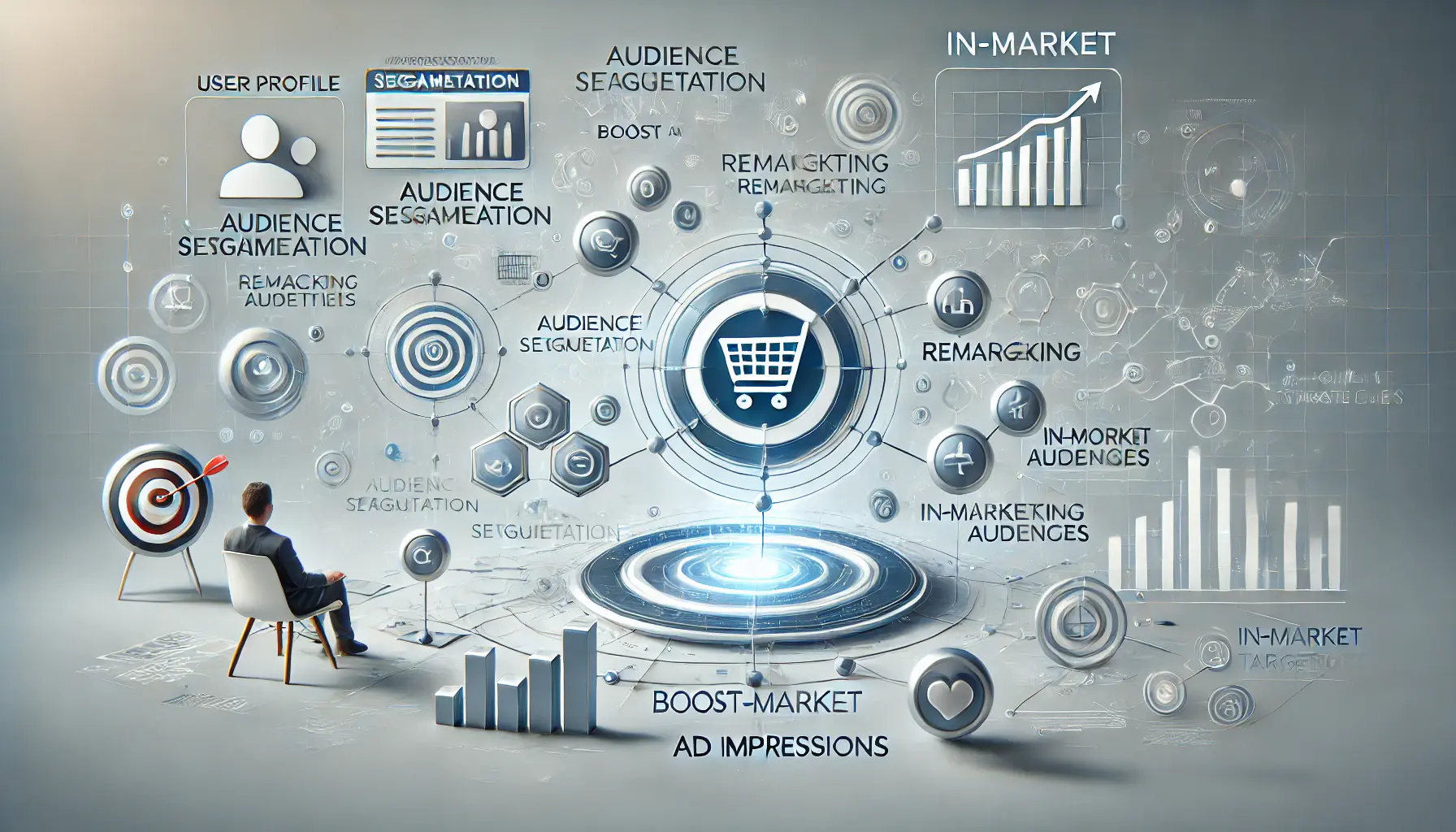 Visualization of targeting strategies with icons for audience segmentation, remarketing, and in-market targeting in a digital marketing context.