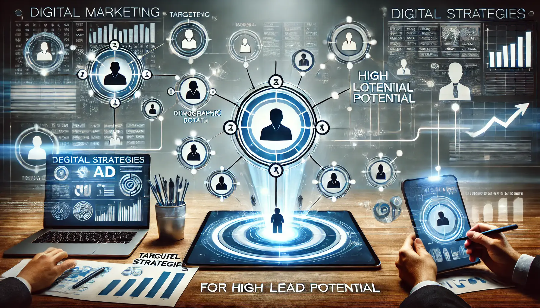 A digital marketing scene with targeted ads reaching specific audience segments, symbolizing effective targeting strategies for high lead potential.