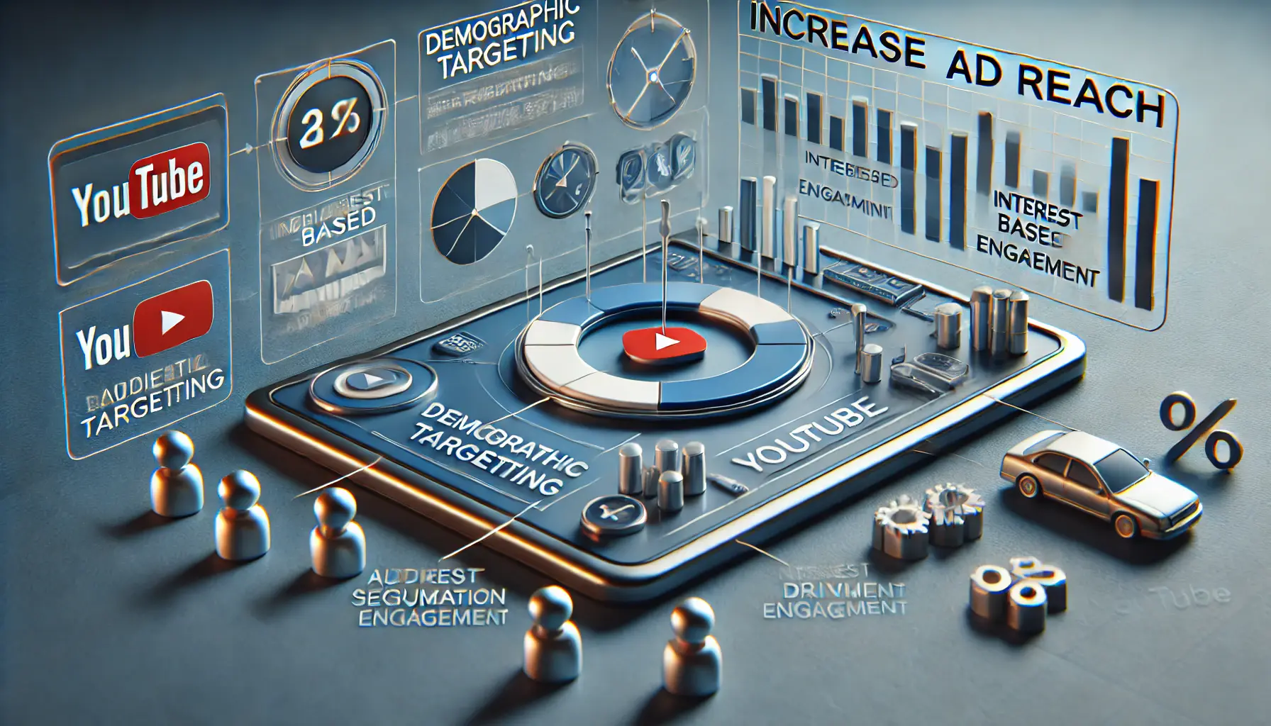 Image showing a digital marketing dashboard with options for demographic, interest-based, and remarketing targeting to expand YouTube ad reach.