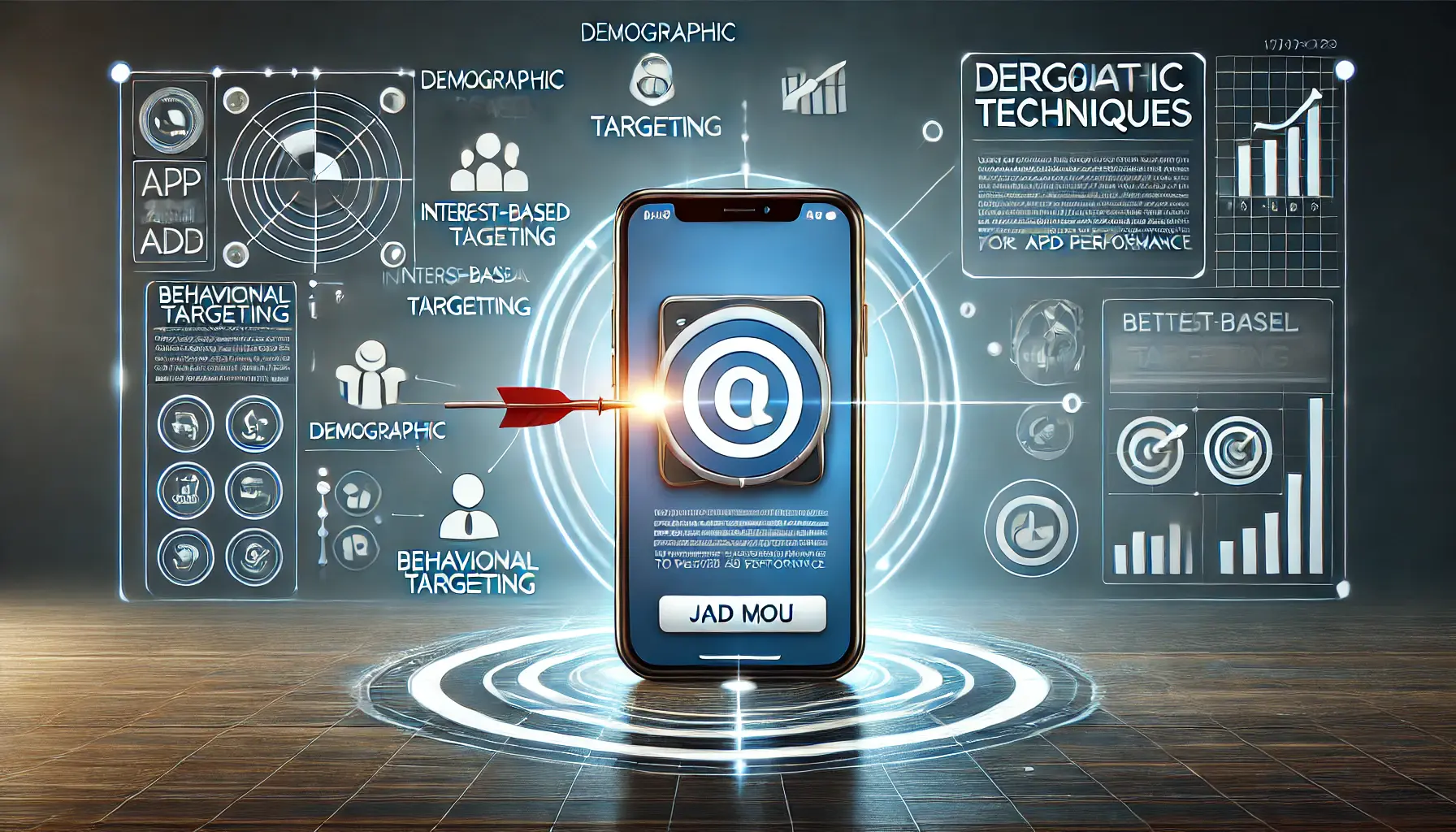 Smartphone displaying app ad with visual elements representing targeting techniques like demographics and interests