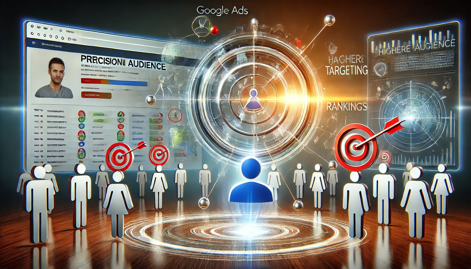 A Google Ads dashboard showing detailed audience segmentation with demographic and location data, surrounded by abstract elements symbolizing precision targeting and higher rankings.