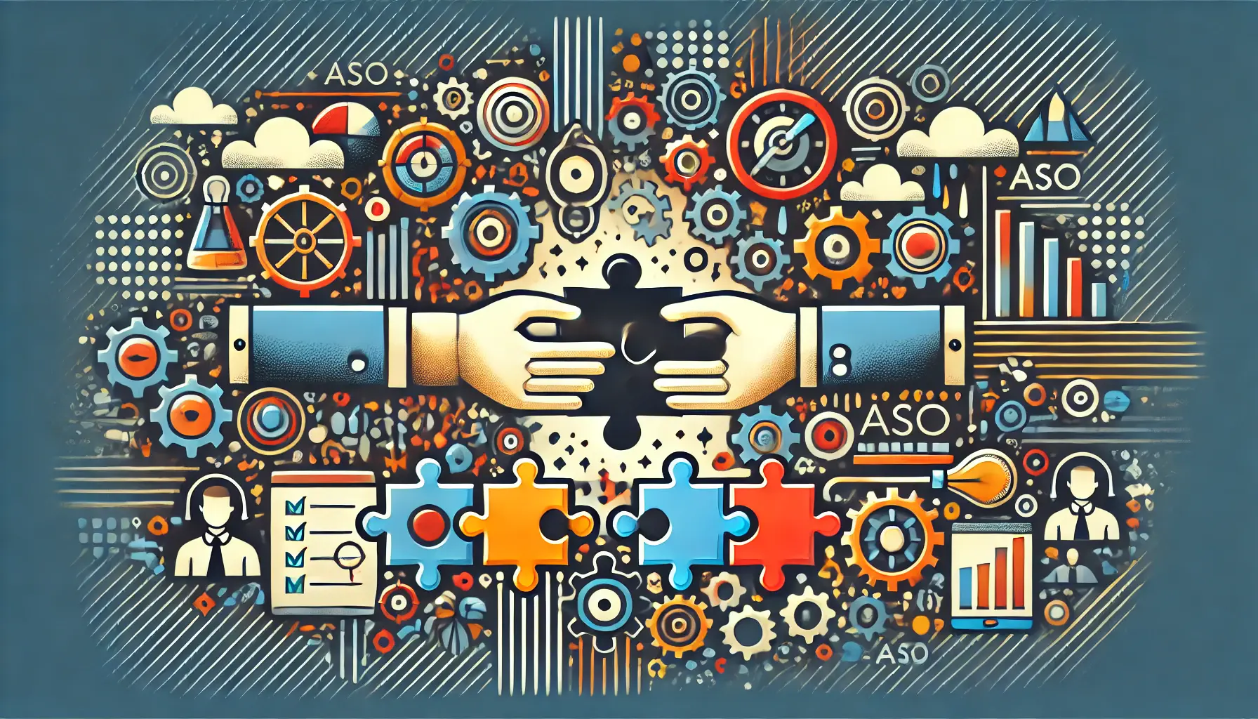 Abstract image symbolizing teamwork and collaboration with visuals of interconnected hands, puzzle pieces fitting together, and gears working in unison.