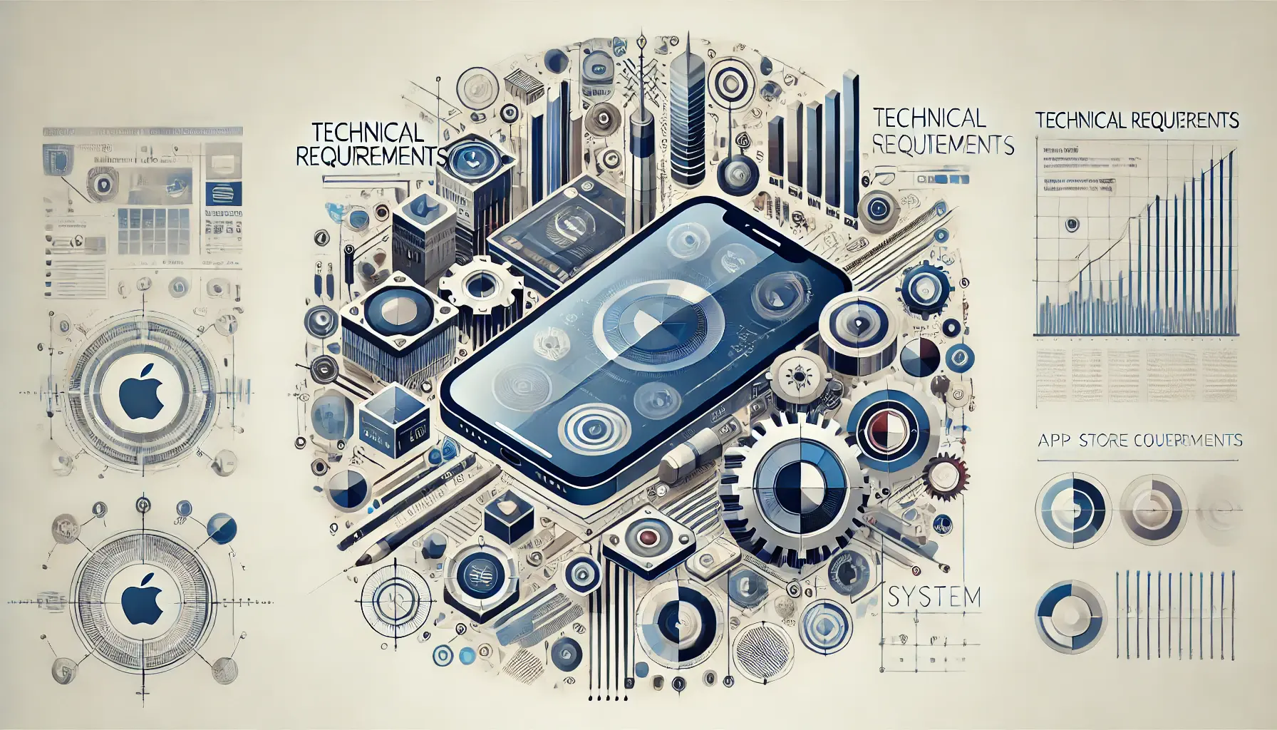 Abstract representation of technical requirements in app store compliance, featuring symbols of system compatibility and performance standards.