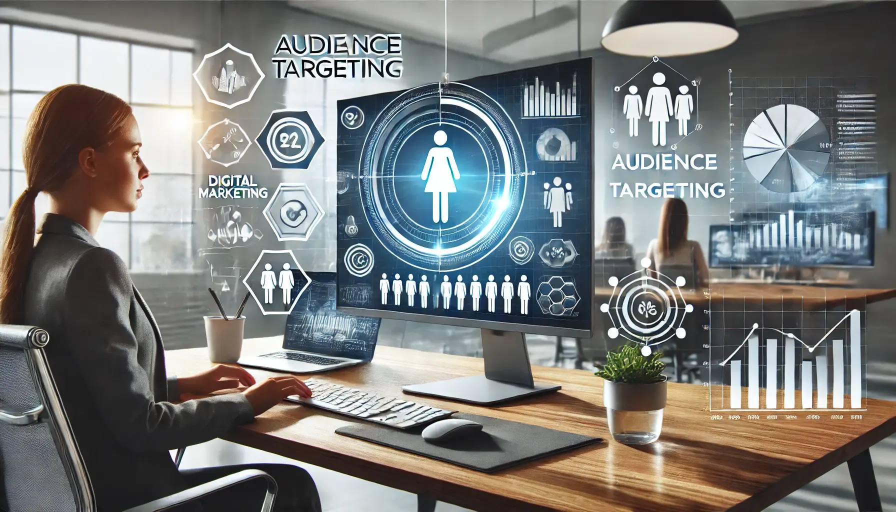 Marketing professional analyzing audience data on a computer screen with graphs and charts in a modern office.