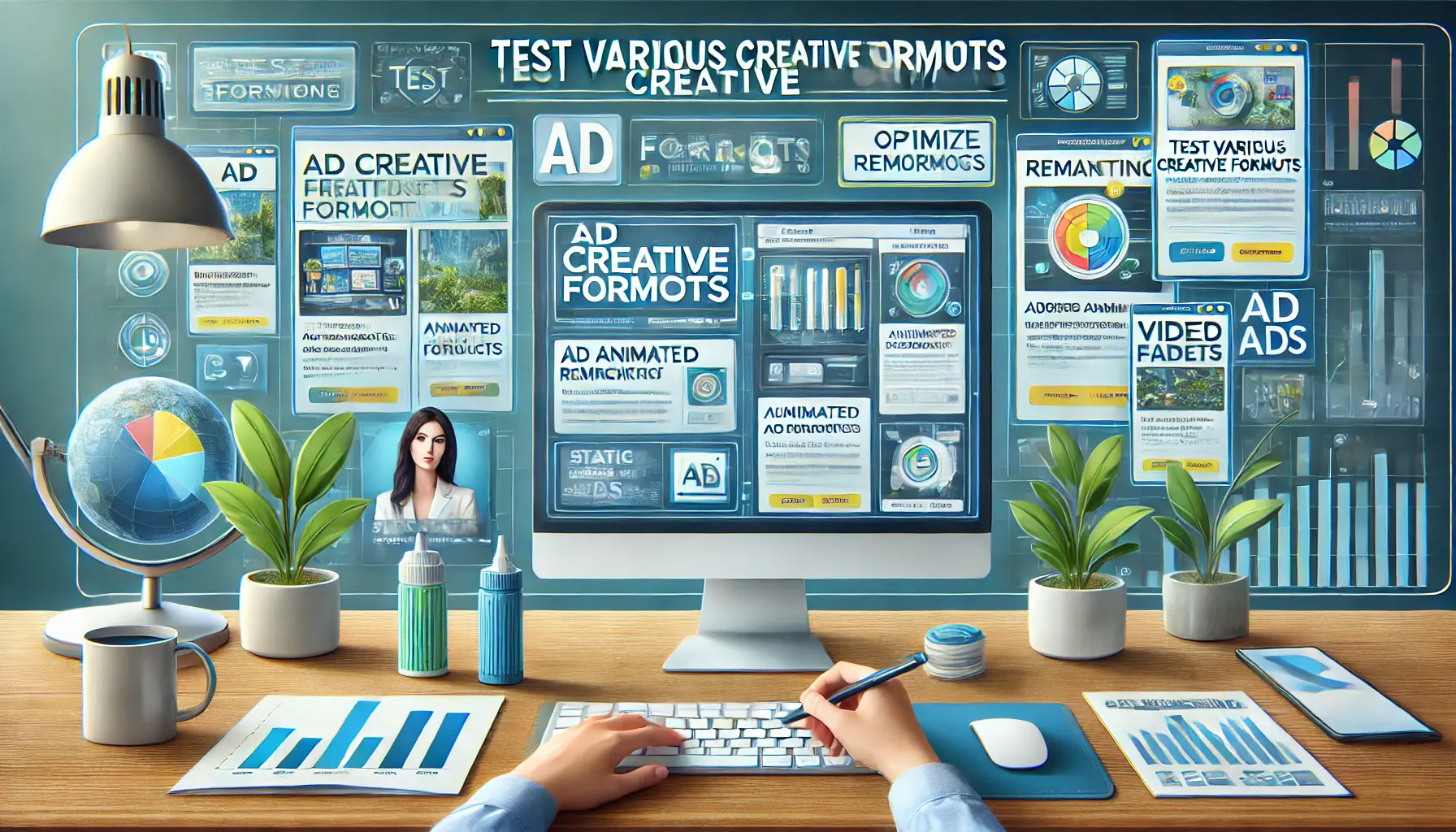 Digital marketing setup with a computer screen displaying different ad formats like static images, animated ads, and video previews, representing ad format testing.