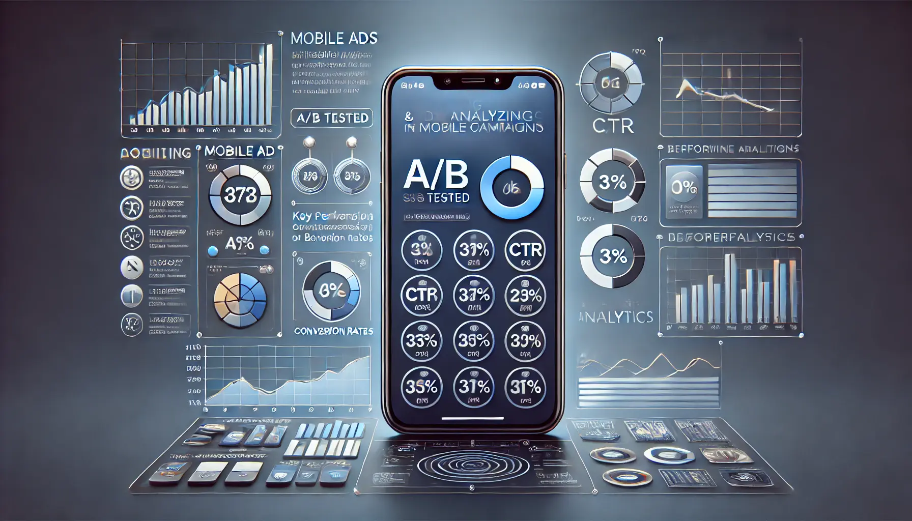 Smartphone displaying mobile ads being A/B tested, with data analytics dashboards showing performance metrics like CTR and conversions