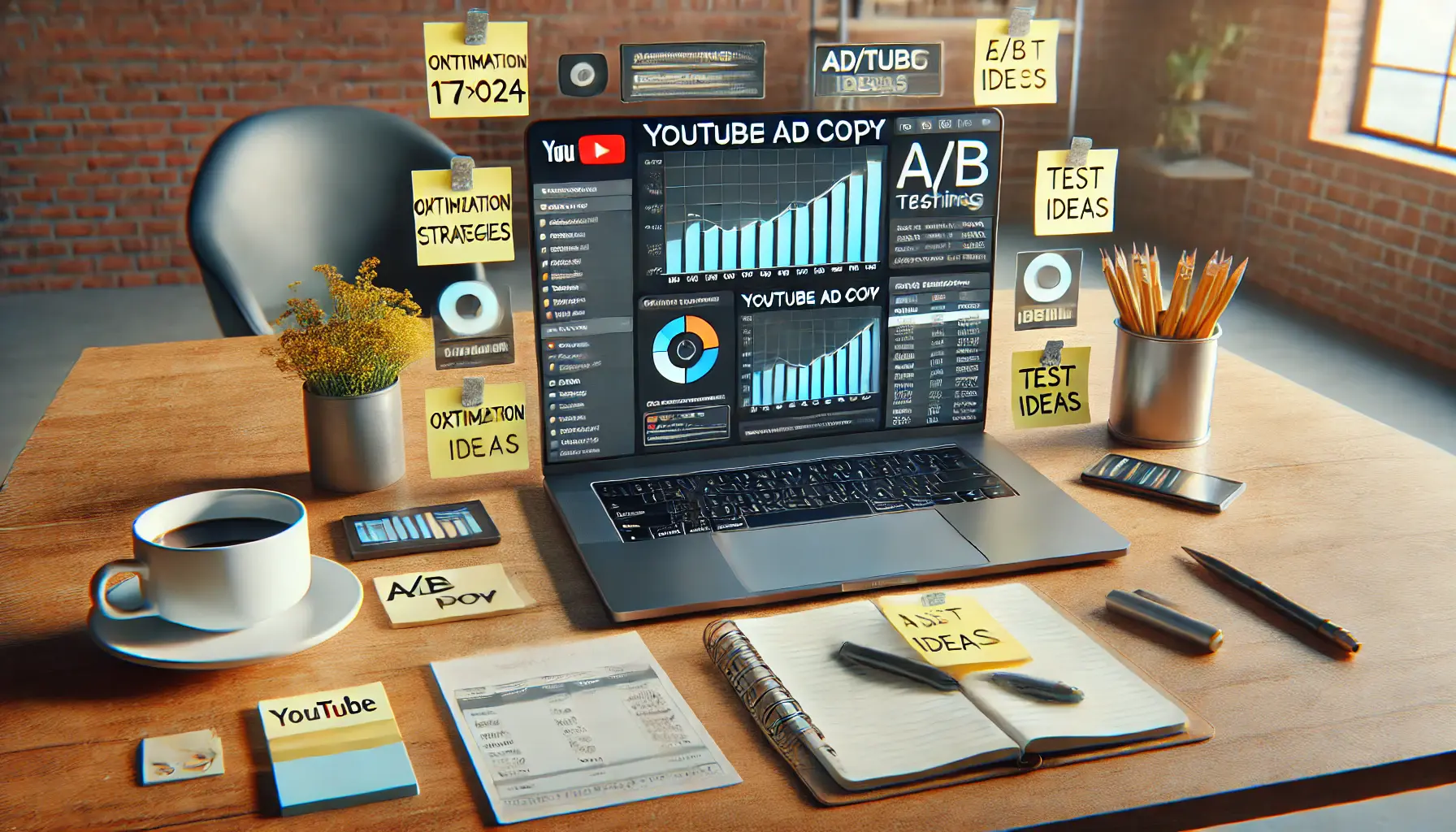 A workspace with a laptop displaying analytics and A/B testing results for YouTube ad copy, surrounded by optimization strategies.