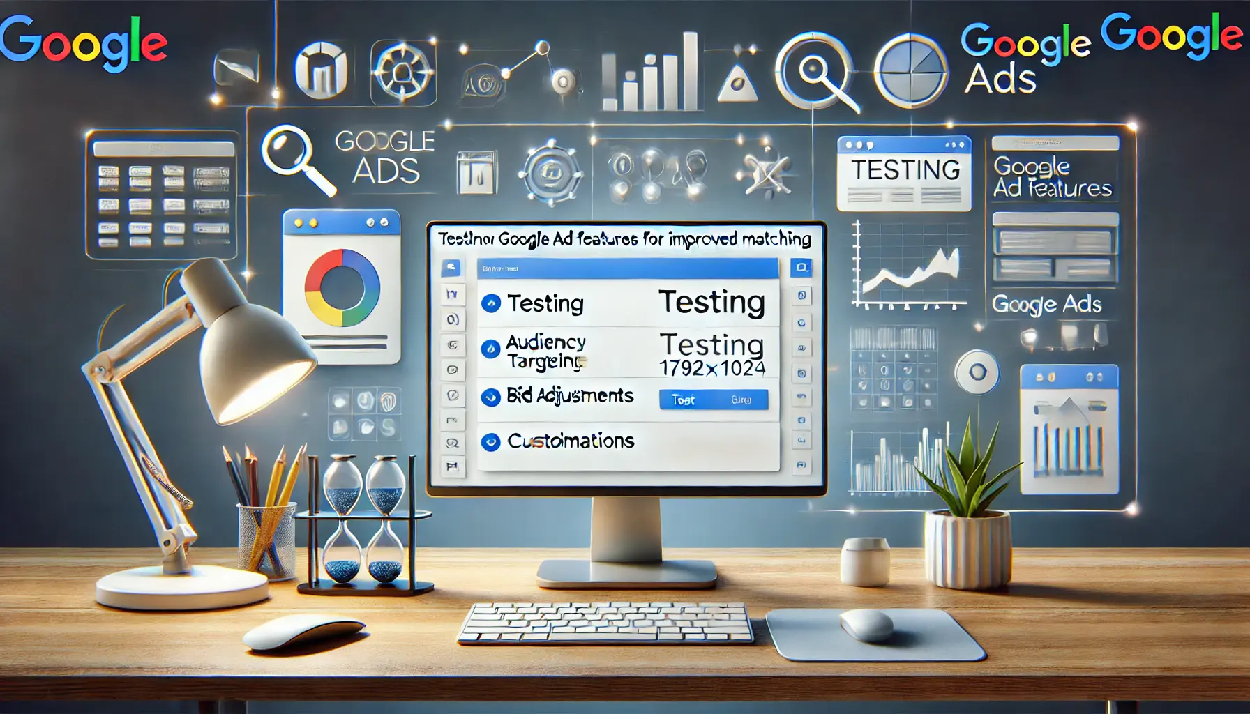 Workspace with computer displaying Google Ads interface with options for testing new ad features like audience targeting and bid adjustments.