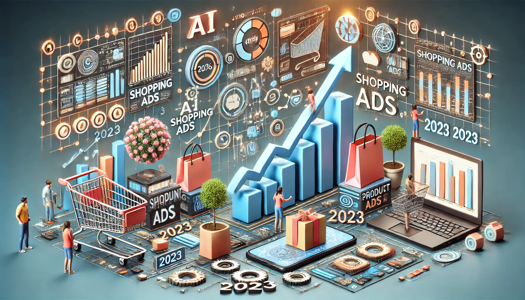 A depiction of growth trends in Shopping Ads, featuring e-commerce platforms, product ads, shopping carts, and digital graphs with rising arrows symbolizing the expansion.