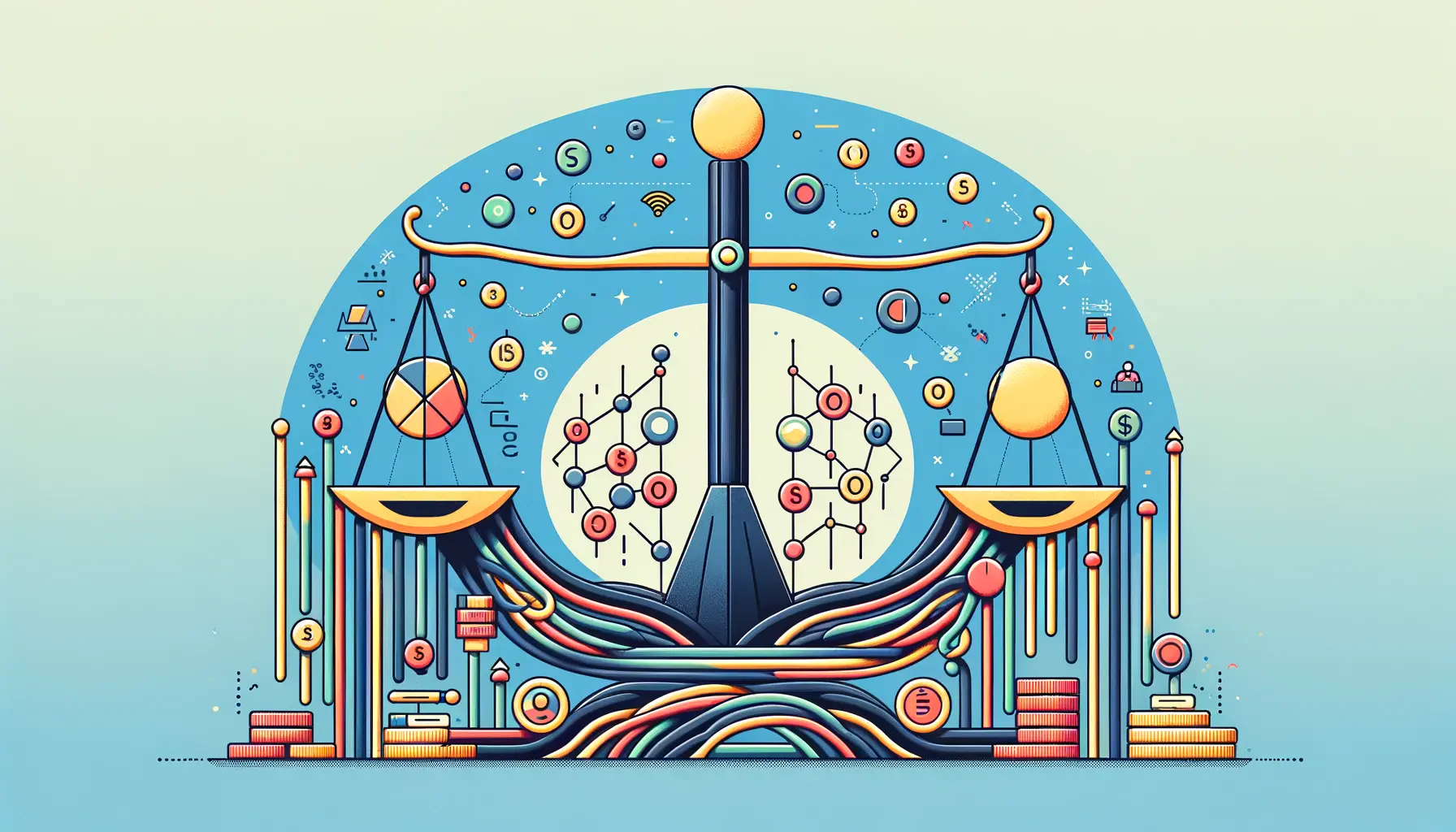 Abstract image symbolizing the balancing of priorities and resources in ASO budget allocation with visuals of scales, pathways, and contrasting elements.