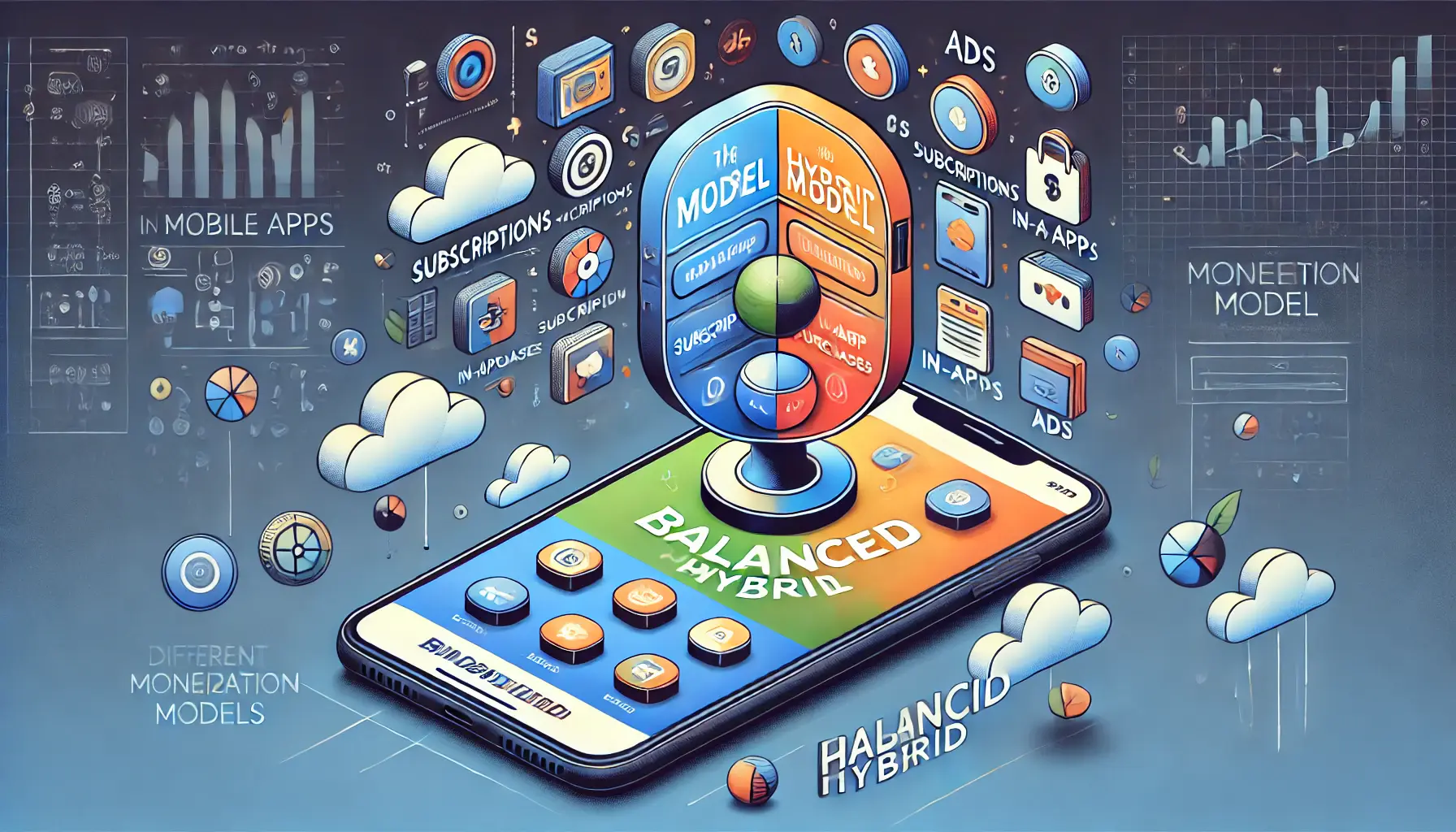 Digital illustration showing a mobile device with various monetization elements like subscriptions, in-app purchases, and ads, working in harmony.