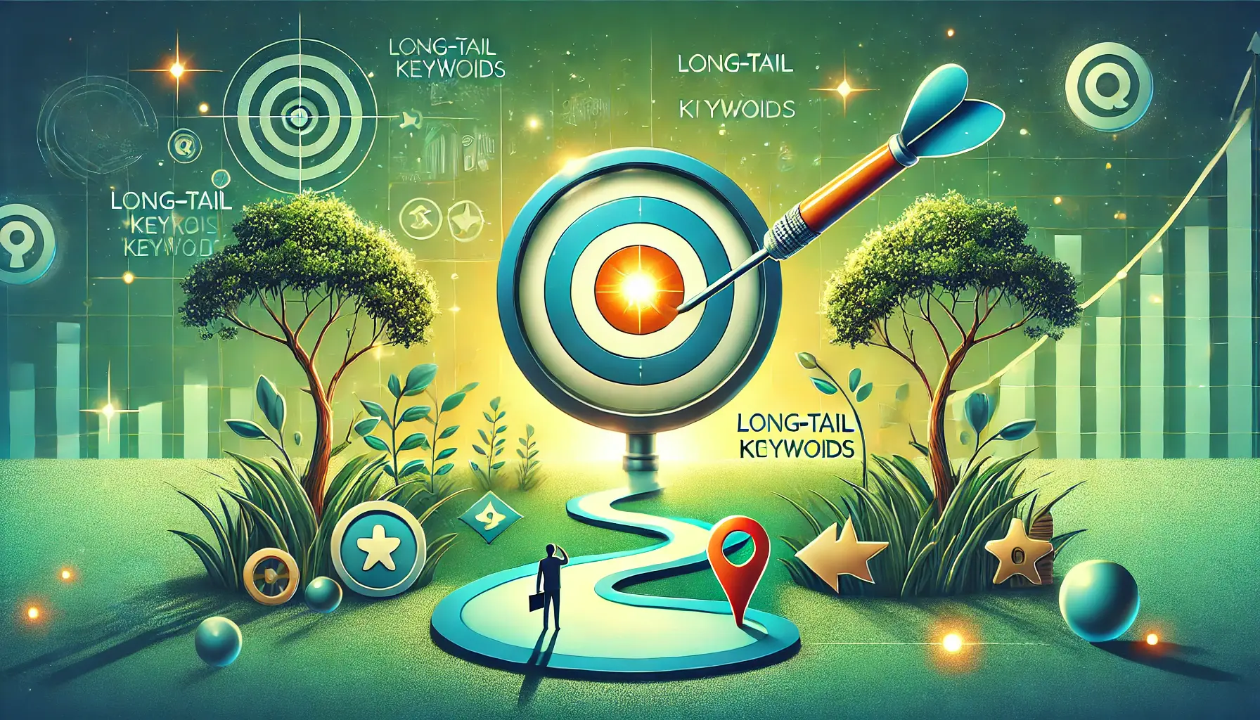 Illustration symbolizing the benefits of long-tail keywords, featuring a focused path leading to a bright target, with elements like a magnifying glass and a dart hitting the bullseye.