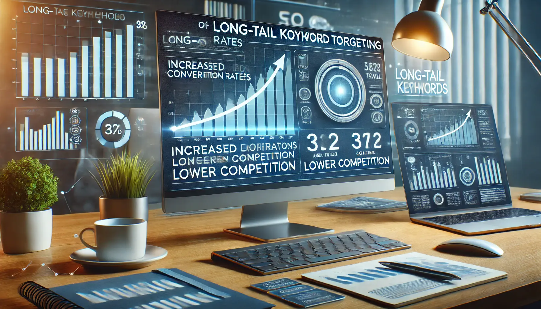 A digital workspace showing an SEO dashboard highlighting the benefits of long-tail keyword targeting with performance charts