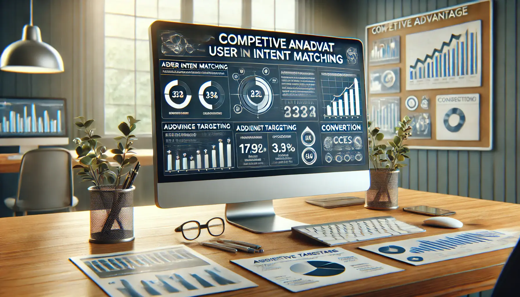 Workspace with computer displaying analytics showing metrics like audience targeting and conversion success, emphasizing competitive insights.