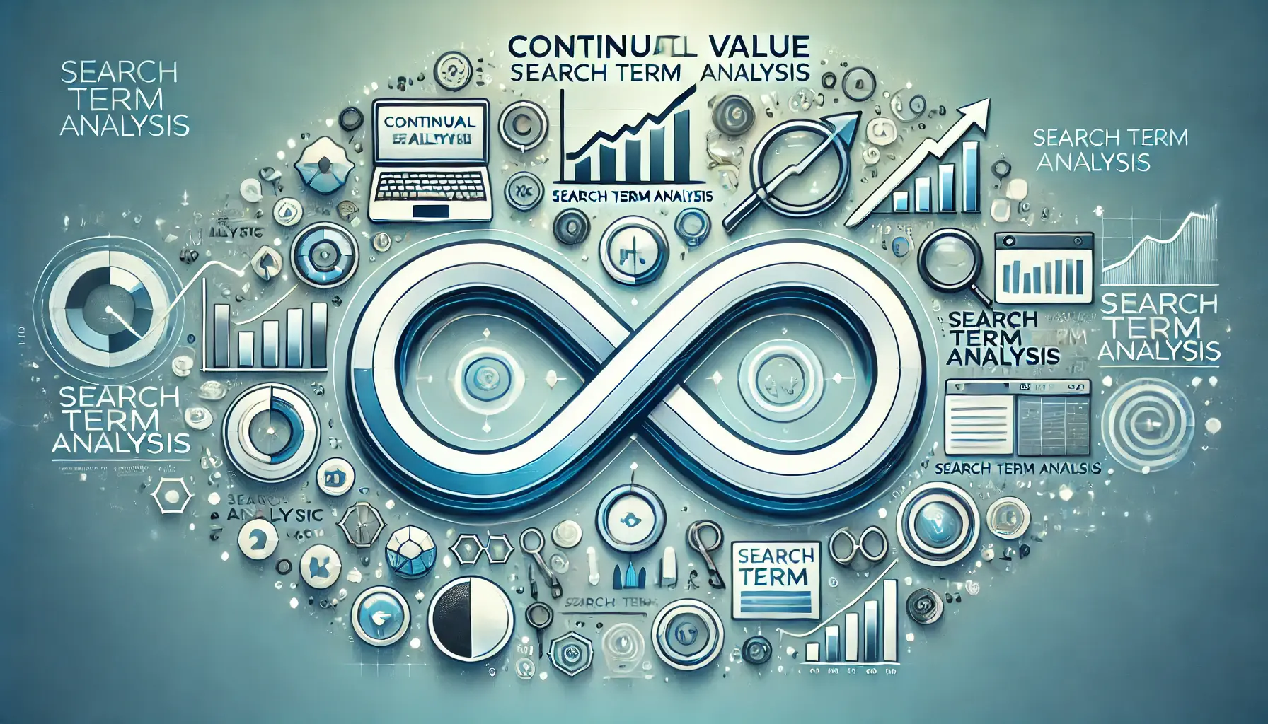 Visual representation of the continuous value of search term analysis featuring infinity loops, graphs, and cyclical arrows