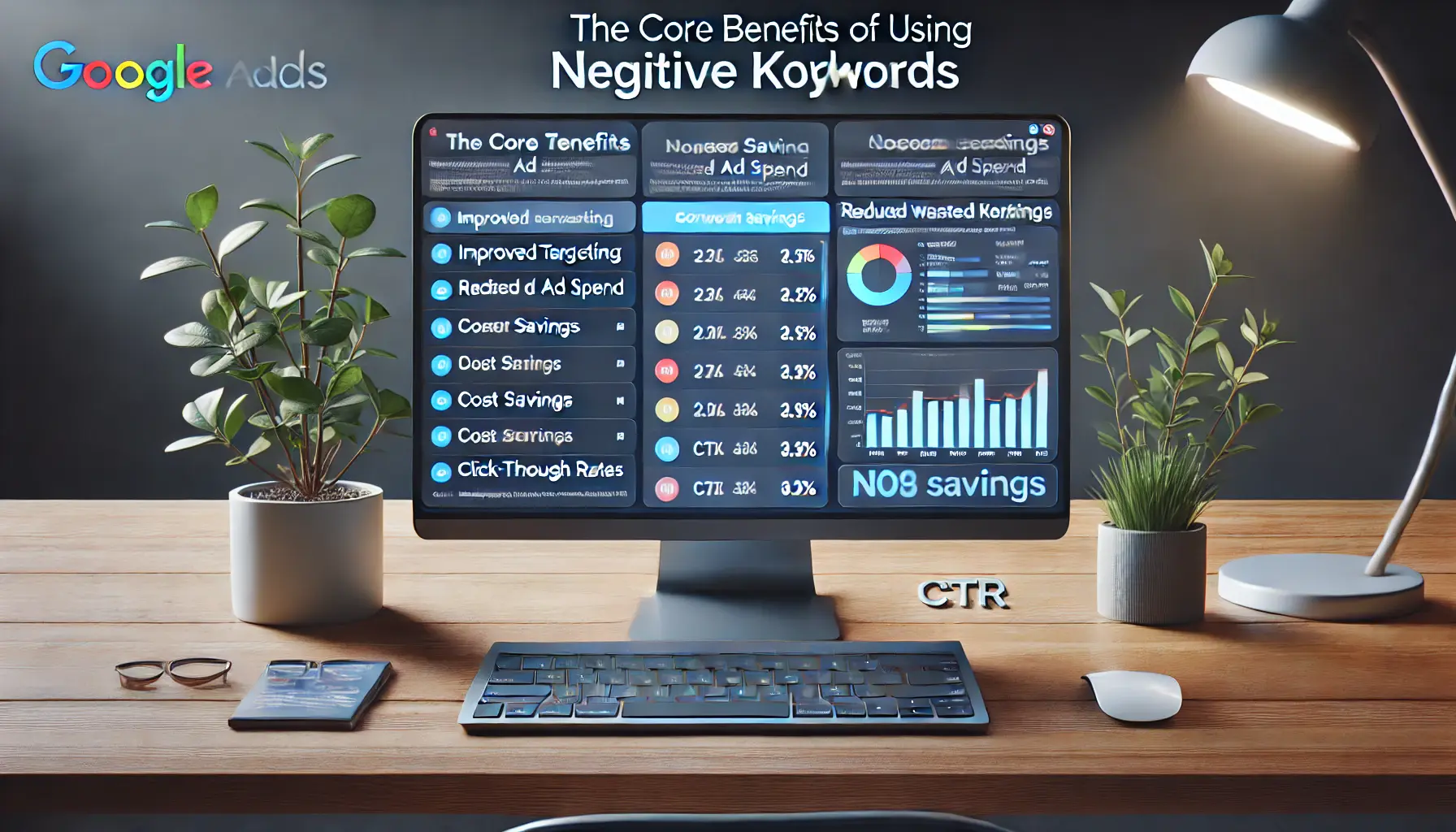 Digital advertising workspace displaying key metrics like conversion rates, cost savings, and CTR, emphasizing the benefits of negative keywords.