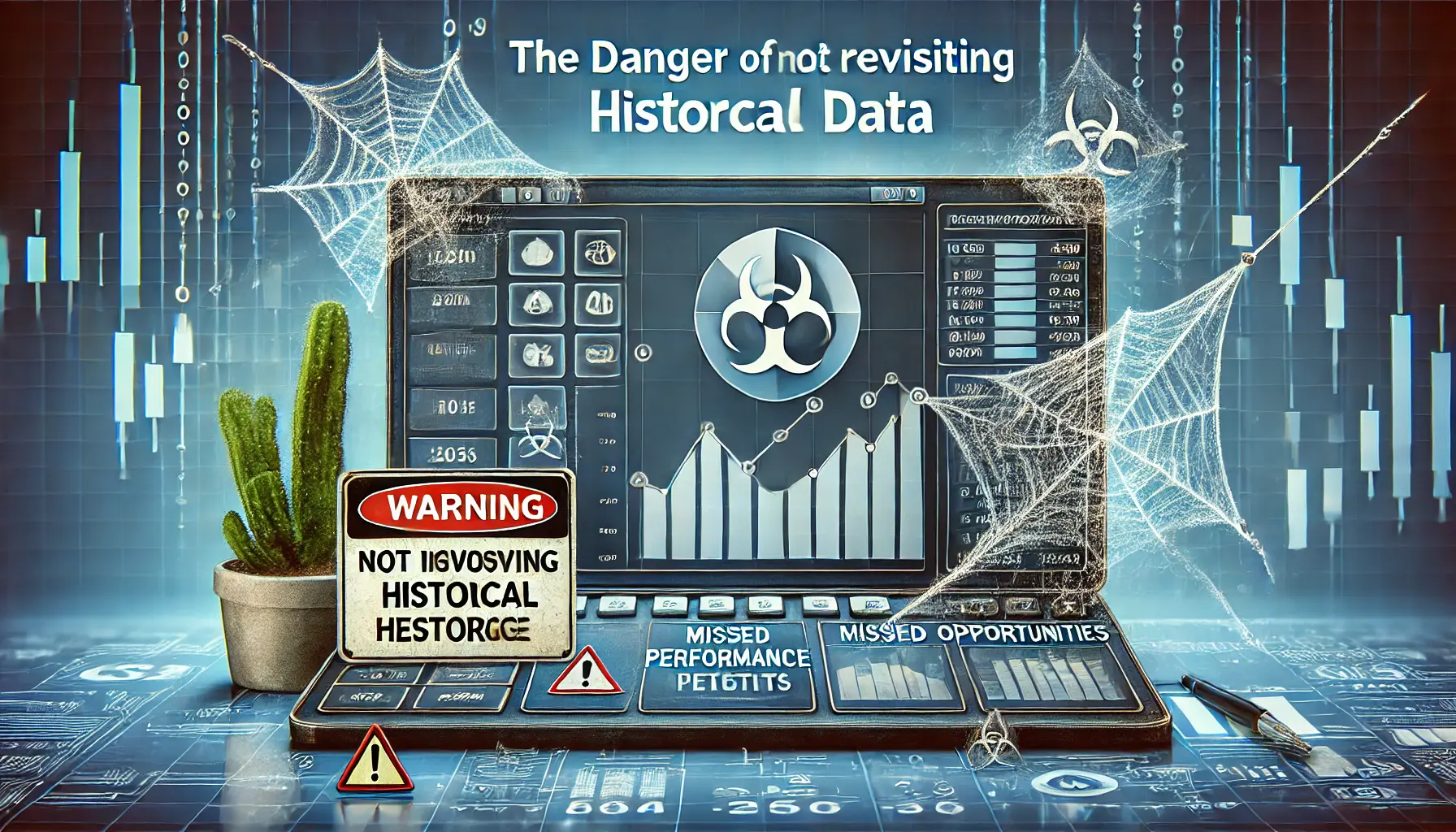 An illustrative image depicting the danger of not revisiting historical data in digital marketing analysis, featuring a neglected dashboard.